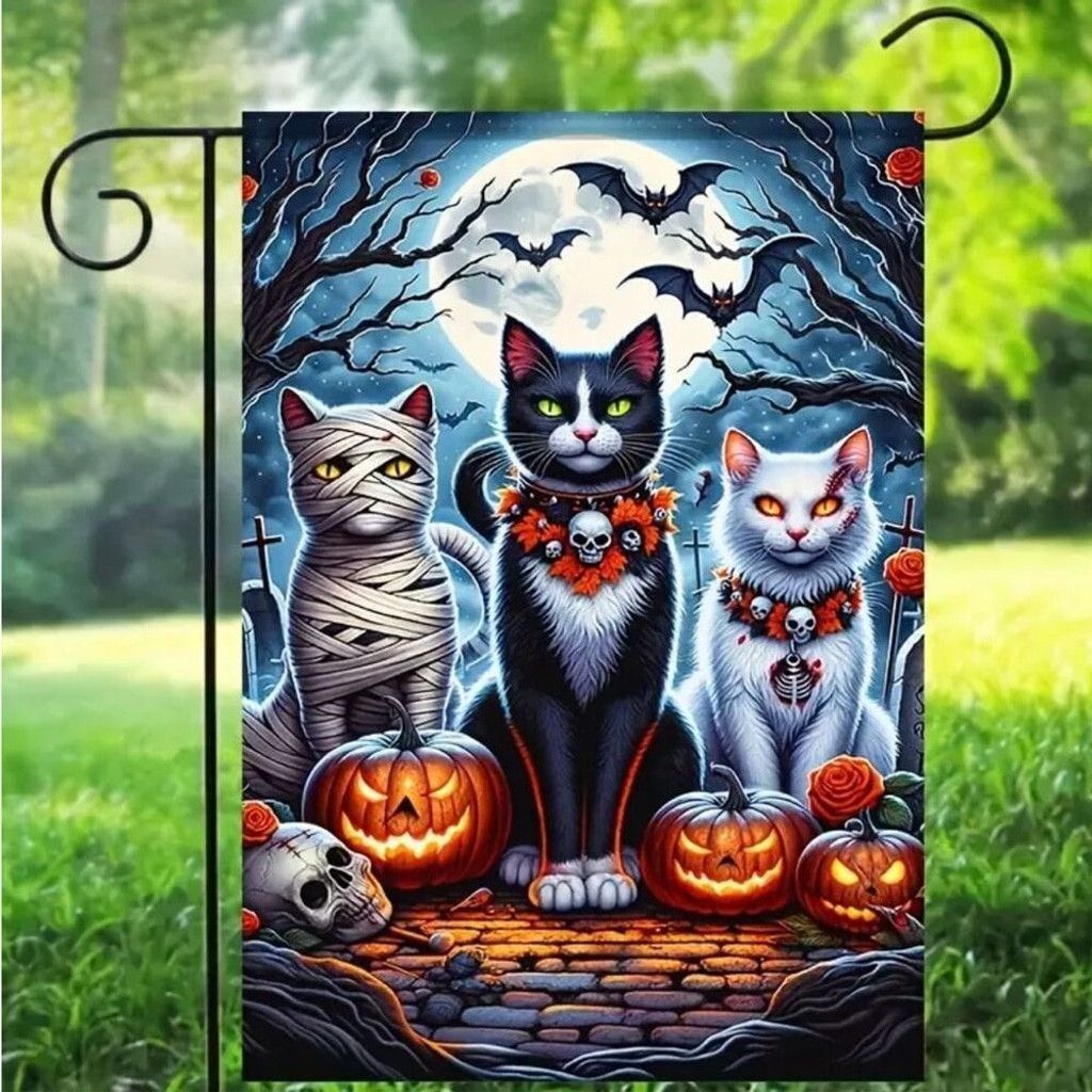 Other Halloween Double Sided Garden Flag 12x18 Inch Cats Pumpkins Size ONE SIZE - 7 Thumbnail