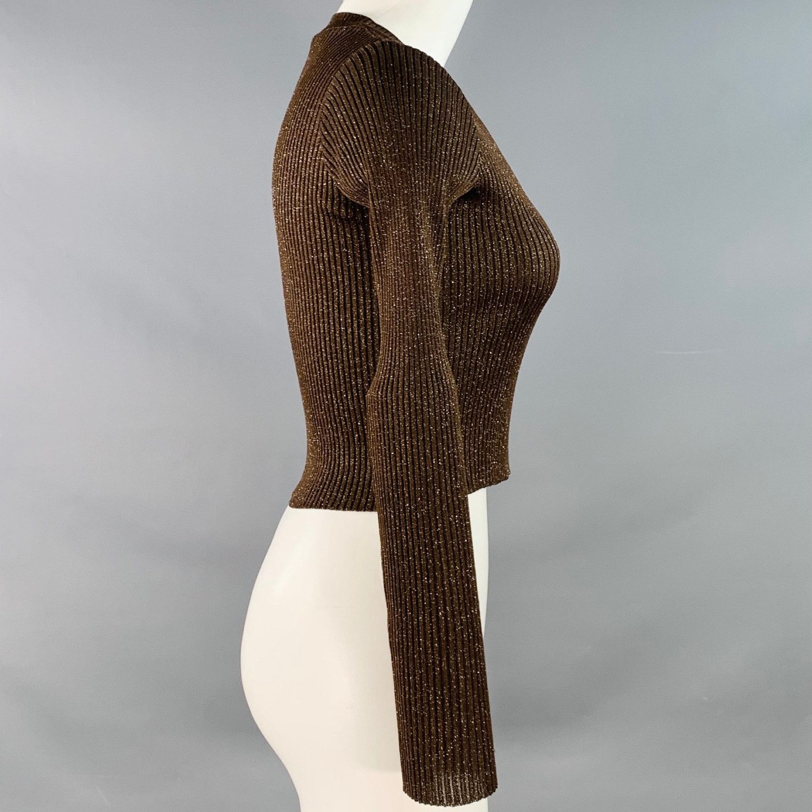 Moschino 6 Brown Gold Acetate Blend Rib Knit V-Neck Pullover Size M / US 6-8 / IT 42-44 - 2 Thumbnail