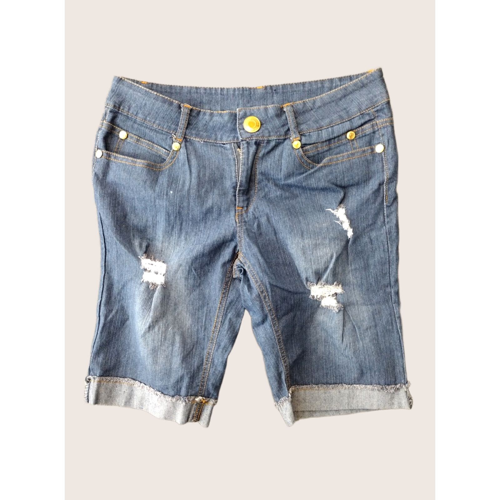 Vintage Drama Gold Jeans Shorts Bermuda Women's Size 9 blue Button Zip Distressed Cropped Stretch Casual Bermuda Size 30" / US 8 / IT 44 - 1 Thumbnail