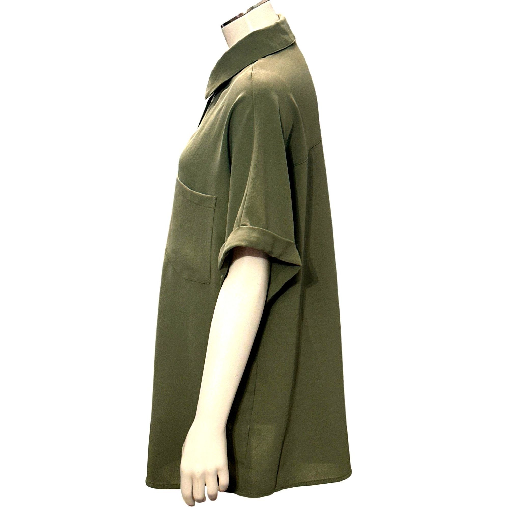 Other CCC Army Green Chic Henley Short Sleeve Button Up Lapel Shir Size XL / US 12-14 / IT 48-50 - 3 Thumbnail