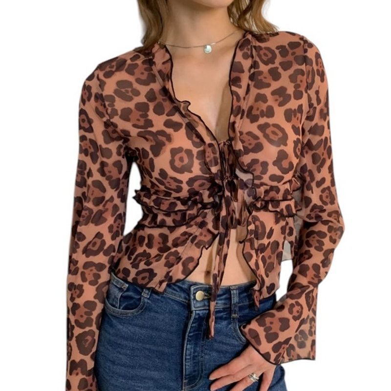 Other Commense Brown Leopard Print Semi-Sheer Ruffle V-Neck Blouse Size XL / US 12-14 / IT 48-50 - 3 Thumbnail