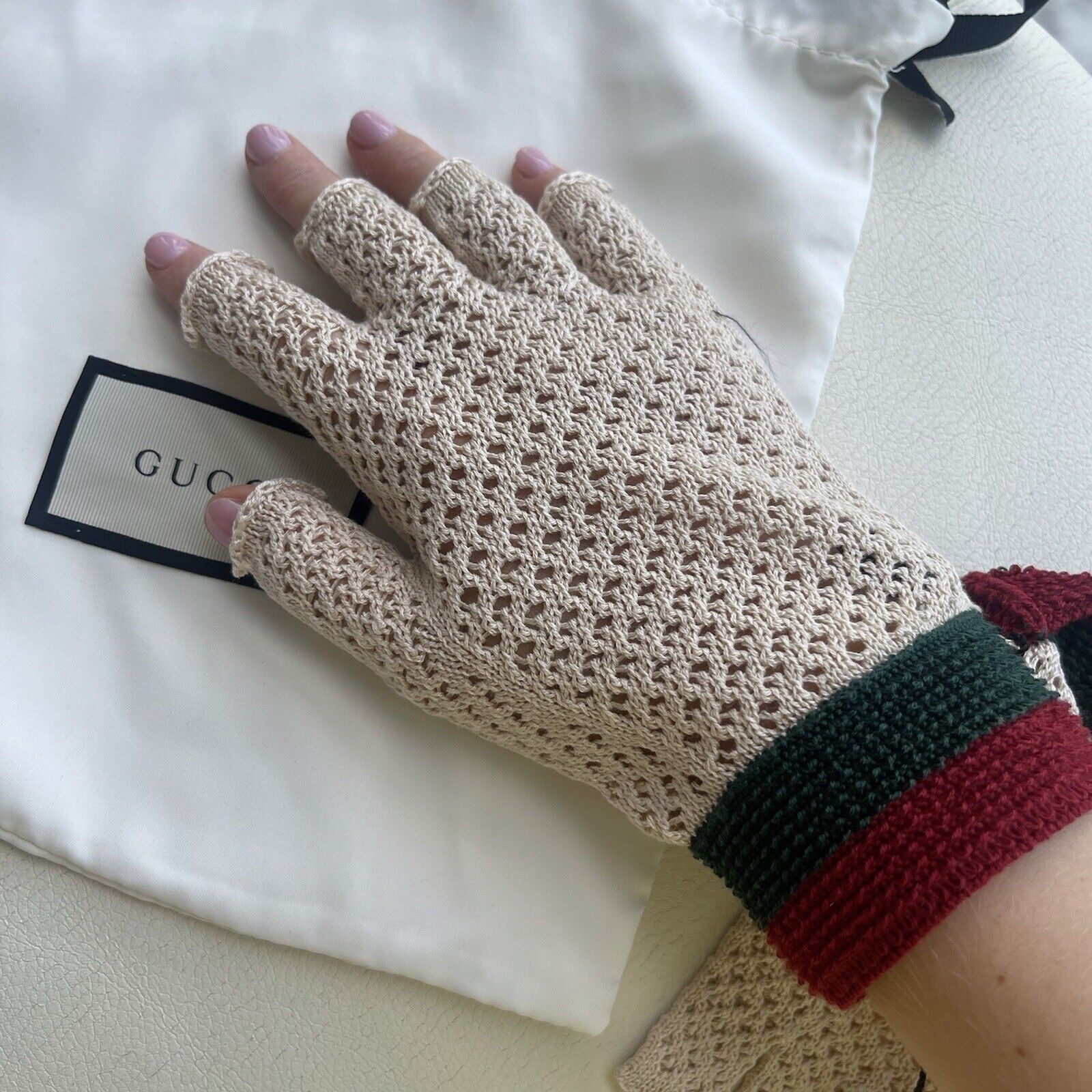 Gucci NEW GUCCI GLOVES CROCHET S 576242 Fingerless Web Red Green Size ONE SIZE - 6 Thumbnail