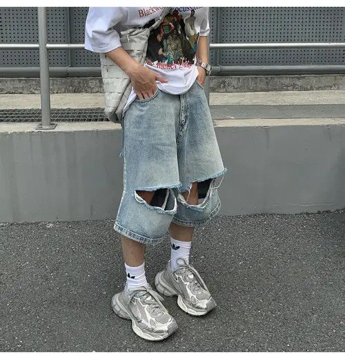 Jean Men's Distressed Denim Shorts, Ripped Baggy Jean Shorts Size US 30 / EU 46 - 8 Thumbnail