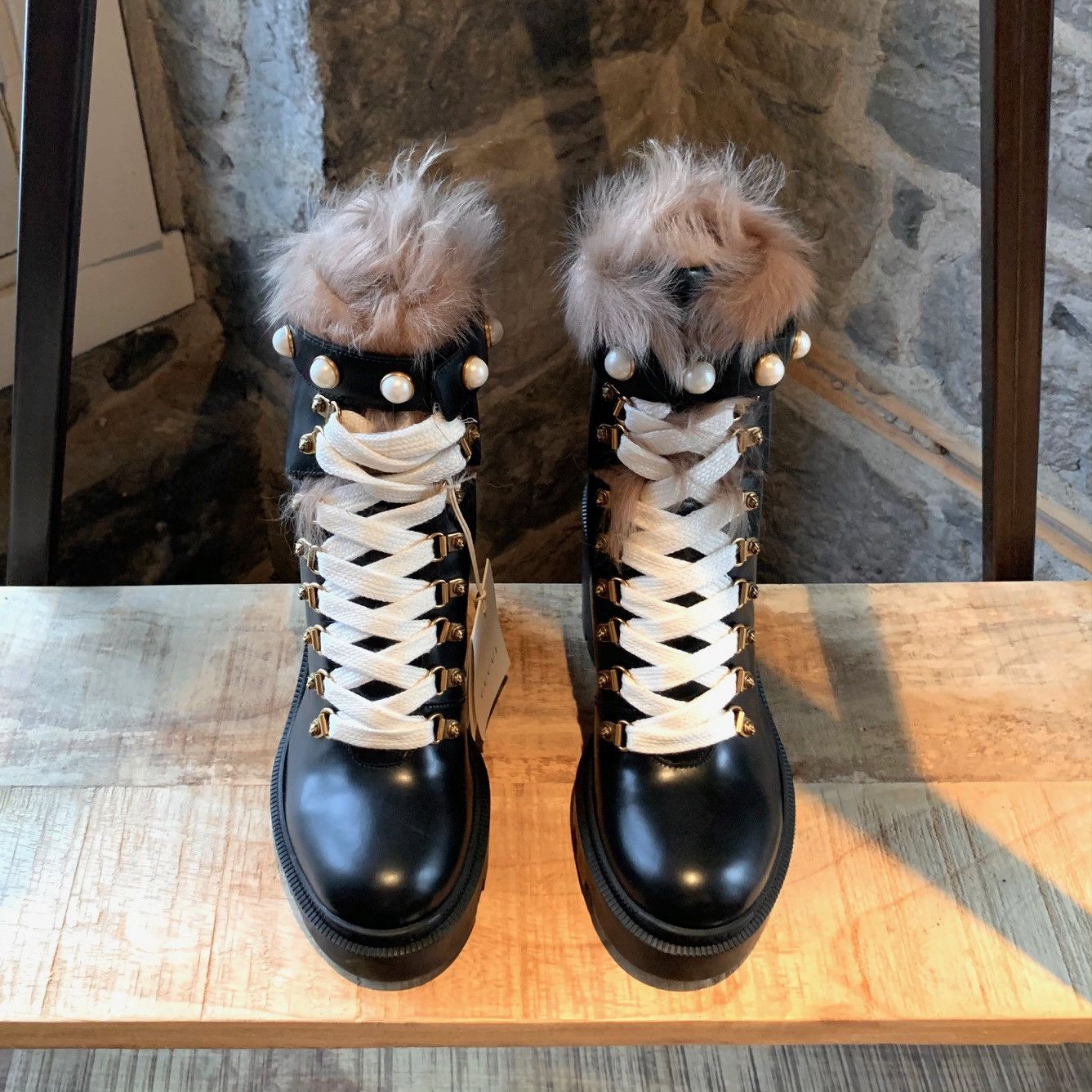 Gucci Gucci Black Leather Trip Heeled Fur Pearl Boots Size US 8 / IT 38 - 2 Thumbnail