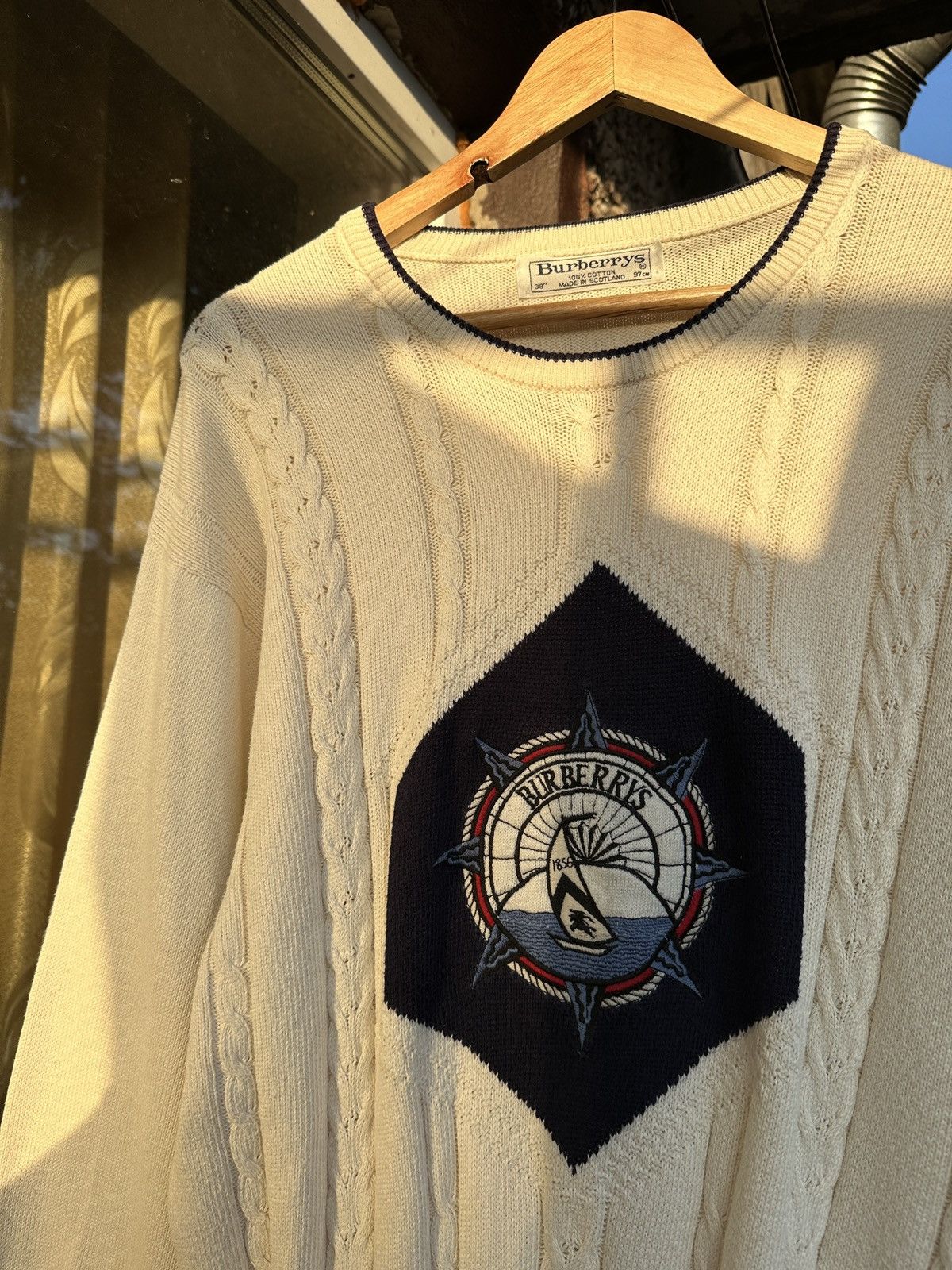 Burberry 90s Vintage Burberrys Big Logo Sweater Made In Scotland Size US L / EU 52-54 / 3 - 4 Thumbnail