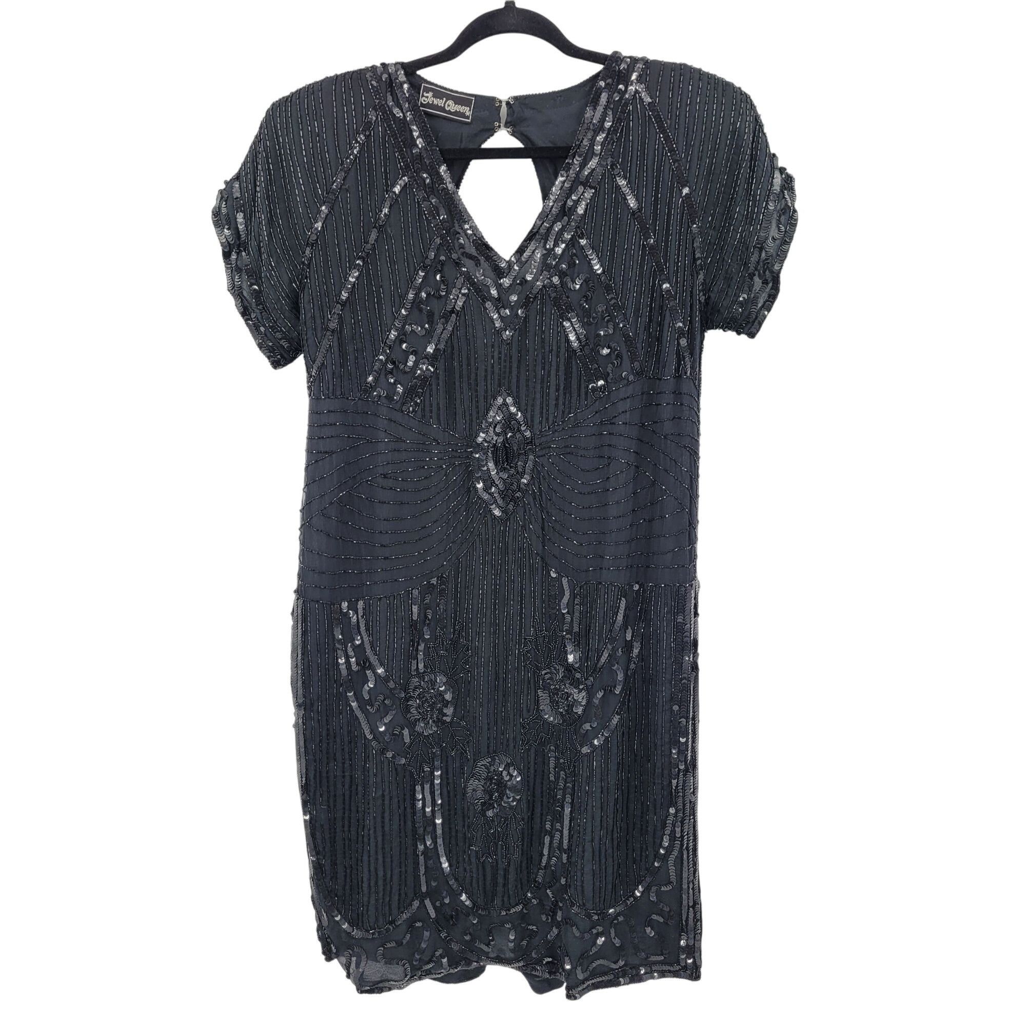 Vintage Vintage 80s Silk Black Beaded Sequined Short Sleeve Flapper Size M / US 6-8 / IT 42-44 - 1 Thumbnail