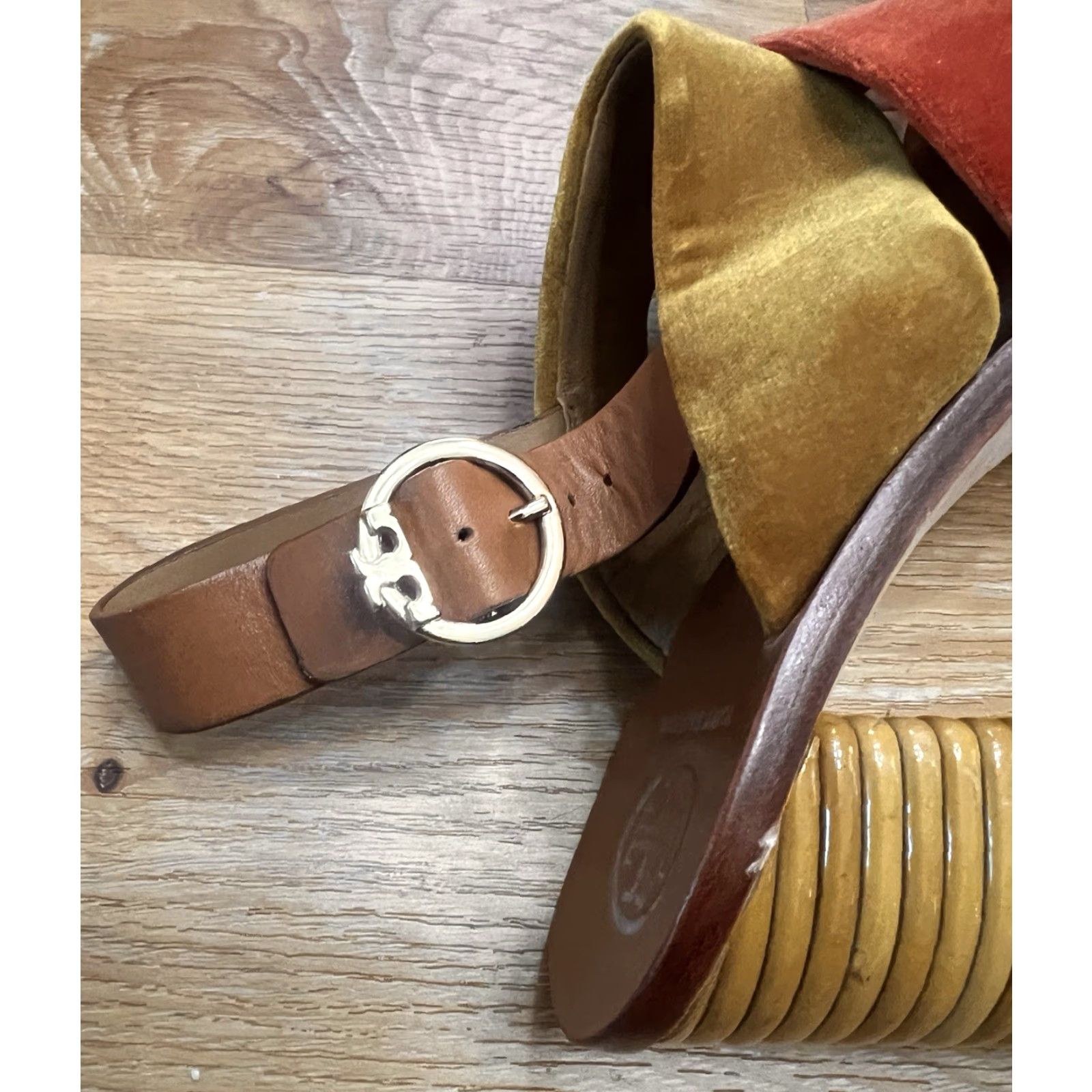 Tory Burch Tory Burch Patos Sandal Platform Velvet Strappy Buckle Heels 8 Women's M Calfskin Bright Pueblo/Bright Lava Block Heel Vintage No Size US 8 / IT 38 - 6 Thumbnail