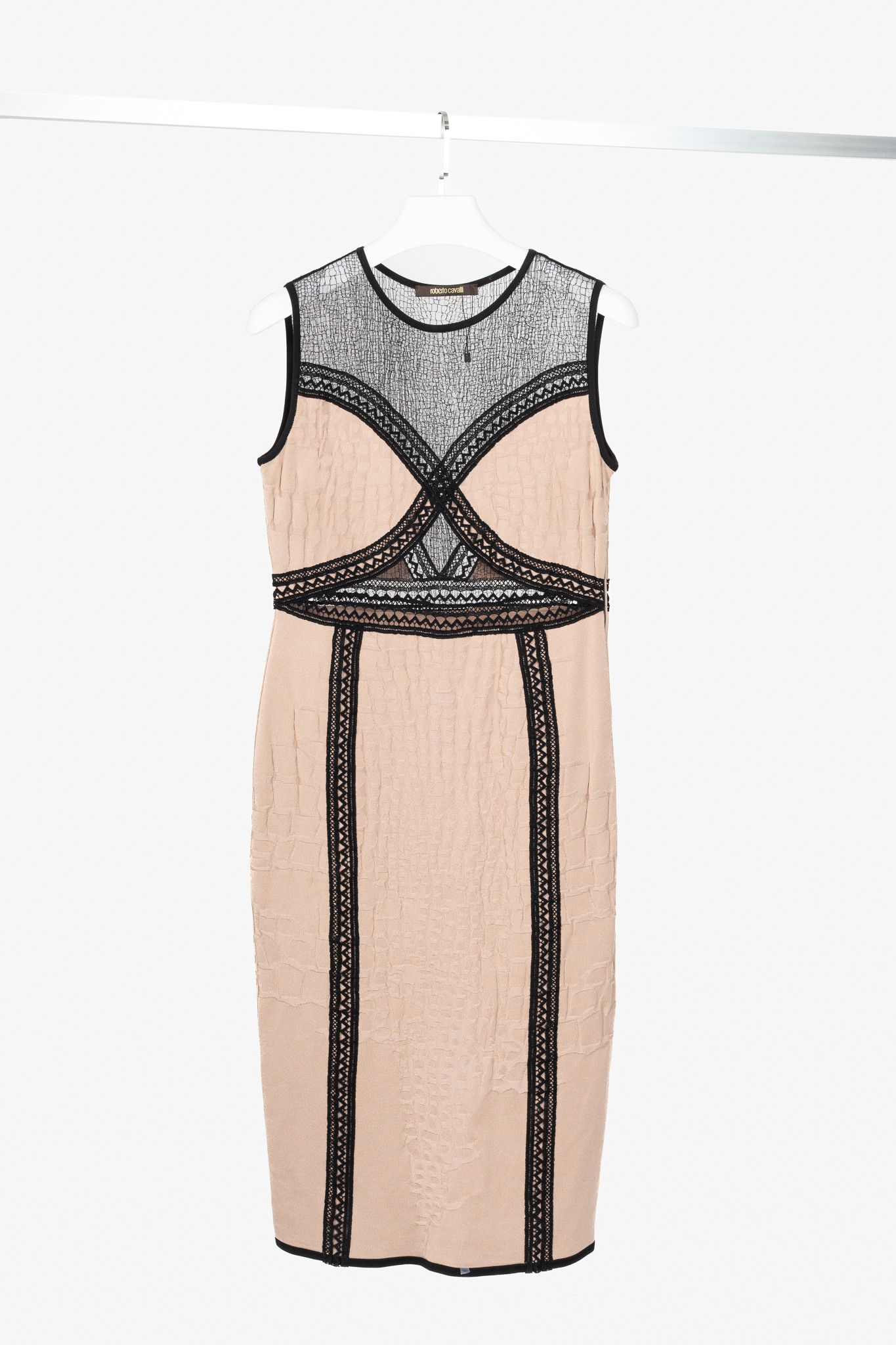 Roberto Cavalli Roberto Cavalli Nude Snakeskin-Jacquard Knit Lace-Trim Dress Size XL / US 12-14 / IT 48-50 - 1 Thumbnail