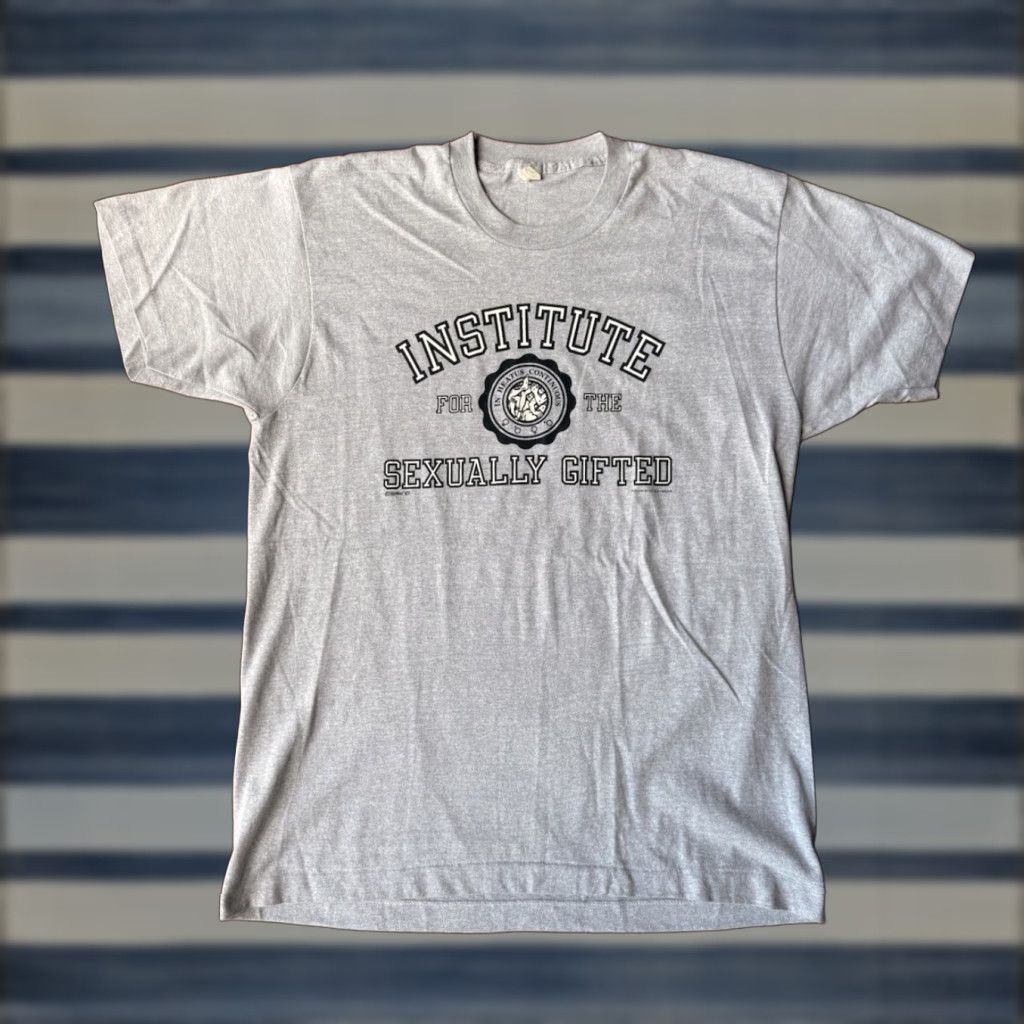 Vintage VINTAGE Institute For The Sexually Gifted College Pun T-Shirt XL Gray Cotton Knit Screenstars Mens Short Sleeve Crew Neck Funny Theme College Size US XL / EU 56 / 4 - 1 Thumbnail