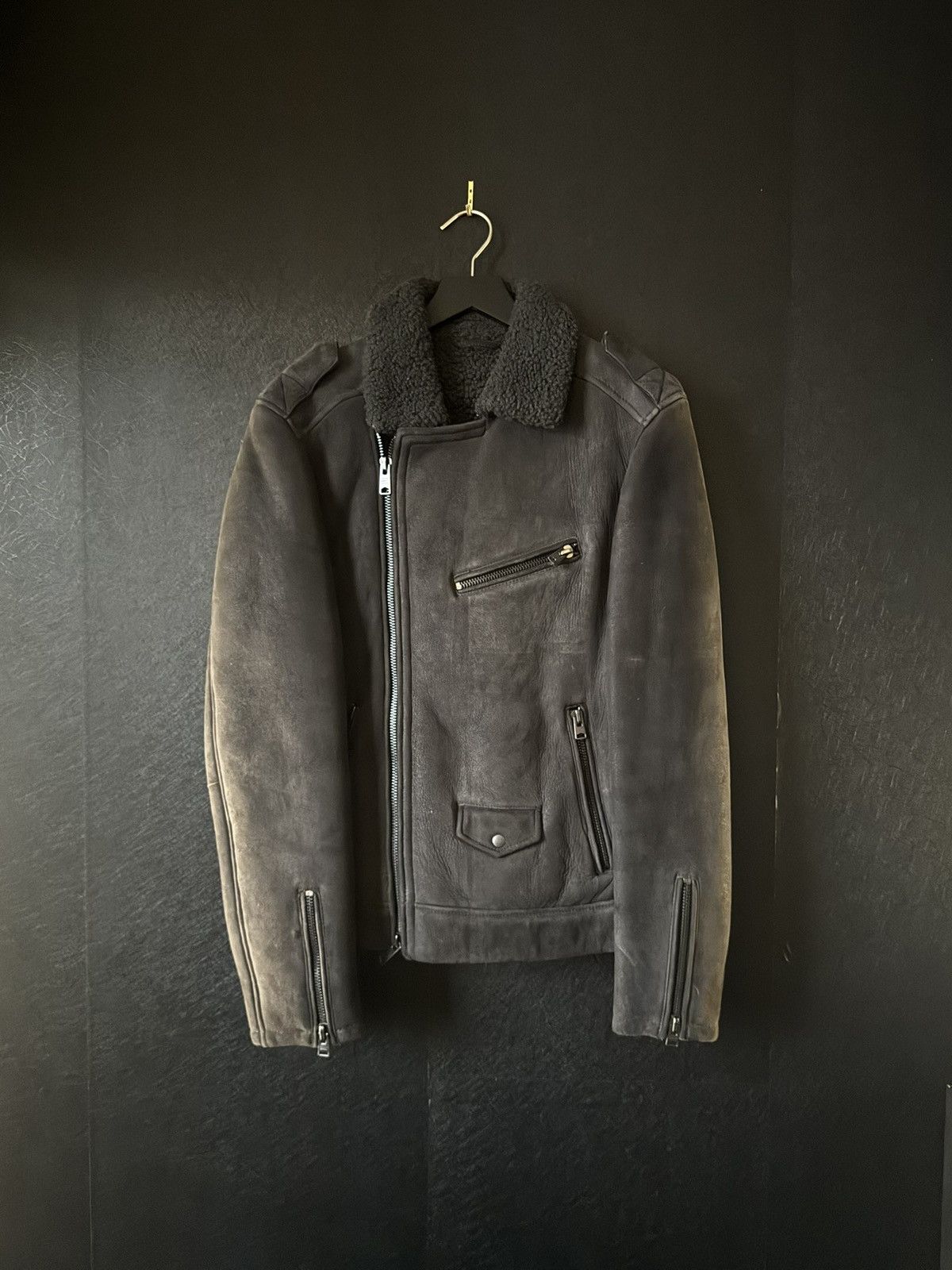 Allsaints All Saints Karson Sheepskin Shearling Biker JKT (Anthracite) Size US M / EU 48-50 / 2 - 1 Thumbnail