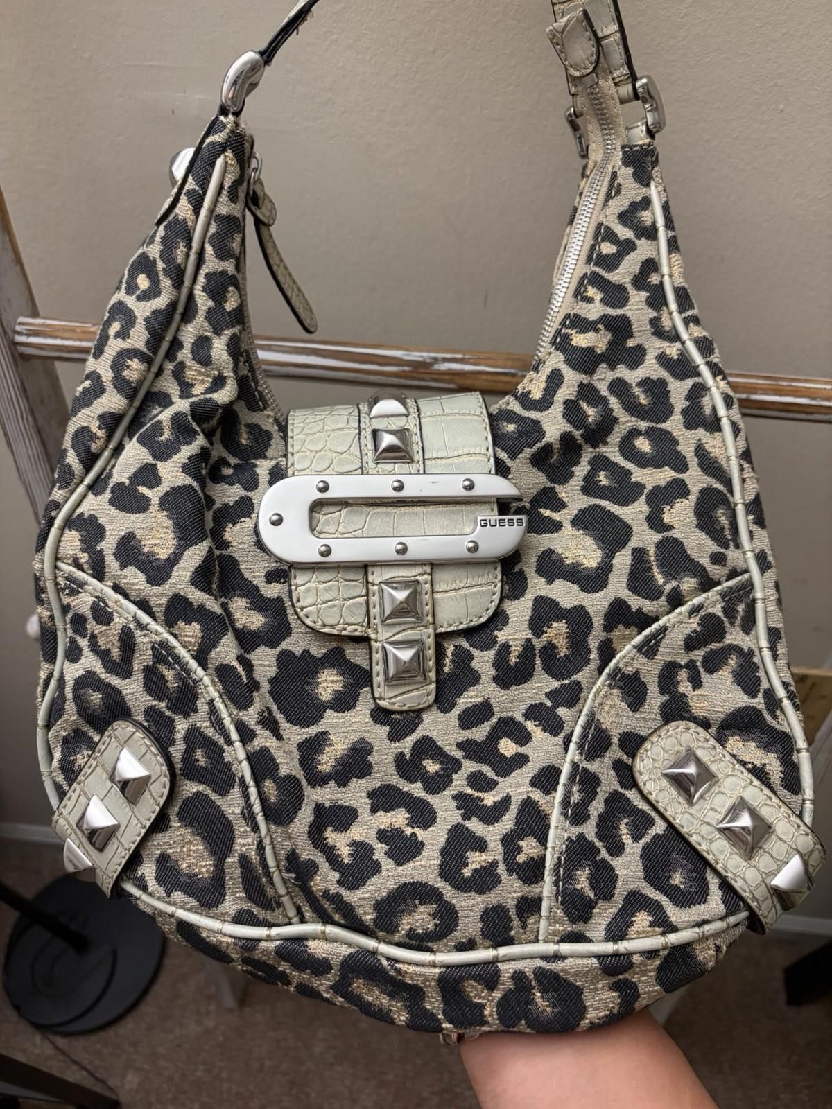 Guess Vintage Guess Leopard Canvas Croc Leather Studded Hobo Bag Size ONE SIZE - 2 Thumbnail