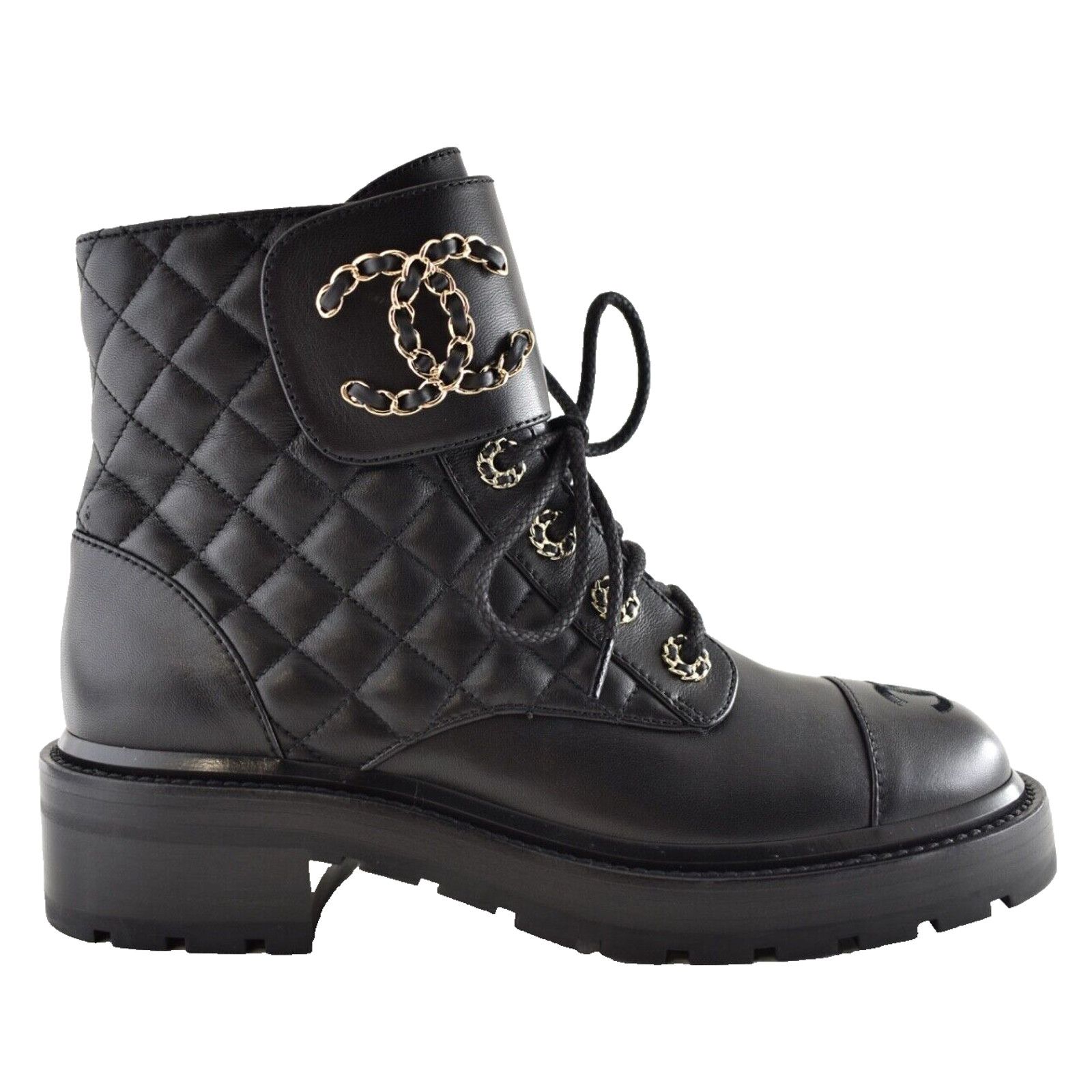 Chanel Chanel 21A Black Quilted Gold CC Chain Combat Lace Up Size US 10 / IT 40 - 1 Thumbnail