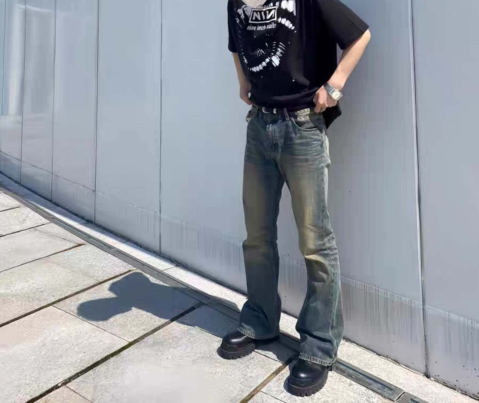 distressed dirty washed flared grunge jeans