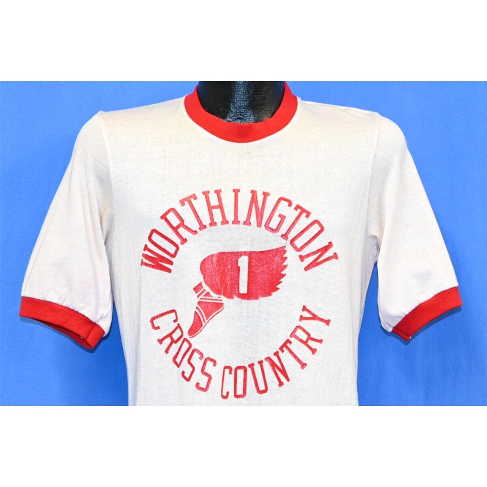 image of Vintage 70's Worthington Cross Country Champion Blue Bar Ringer Jersey T-Shirt S in White (Size Sma