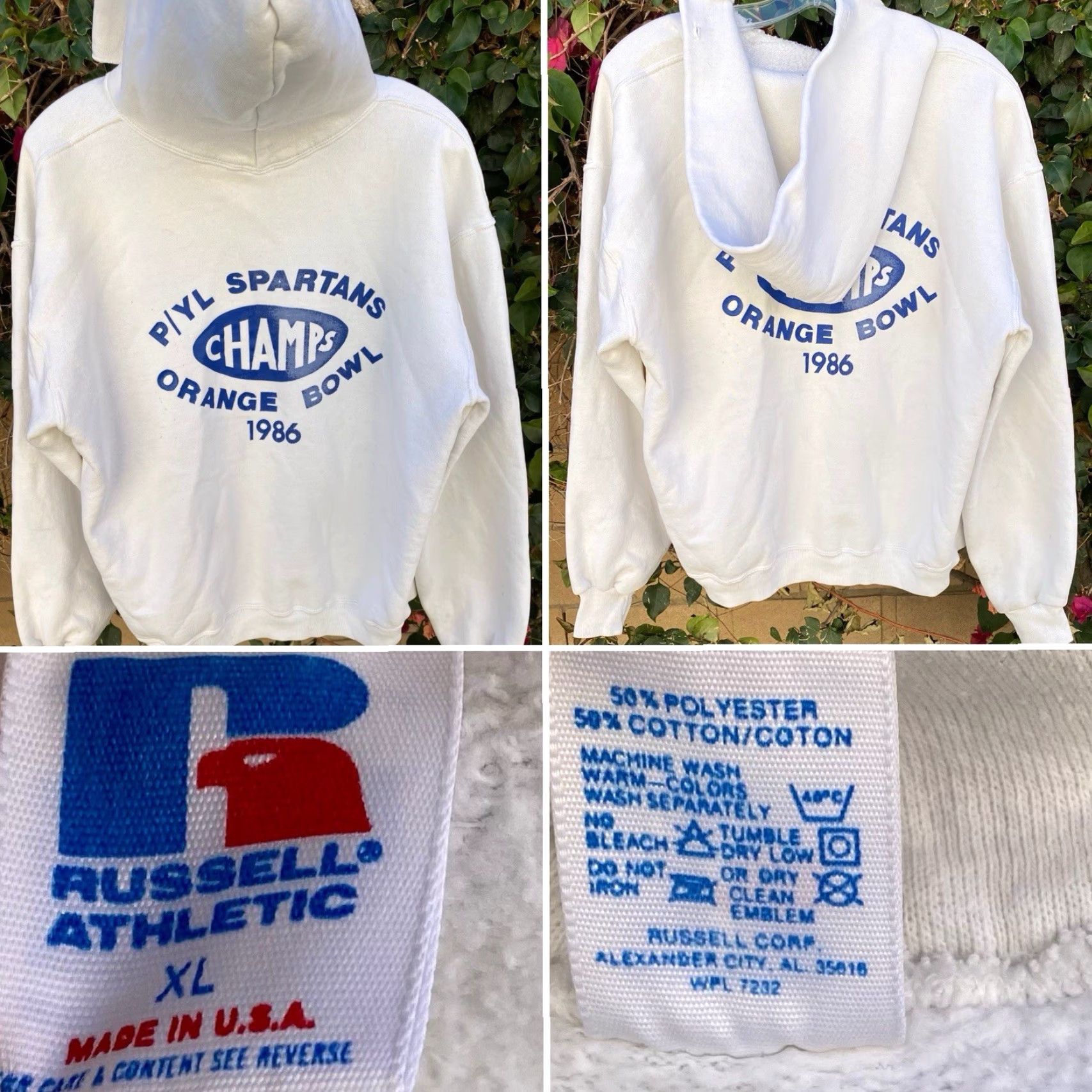 Russell Athletic VINTAGE Russell Athletic Hoodie Mens XL White Graphic Print Spartans Champs Orange Bowl 1986 80s Pullover Long Sleeve Sweatshirt Ed Worn Size US XL / EU 56 / 4 - 3 Thumbnail