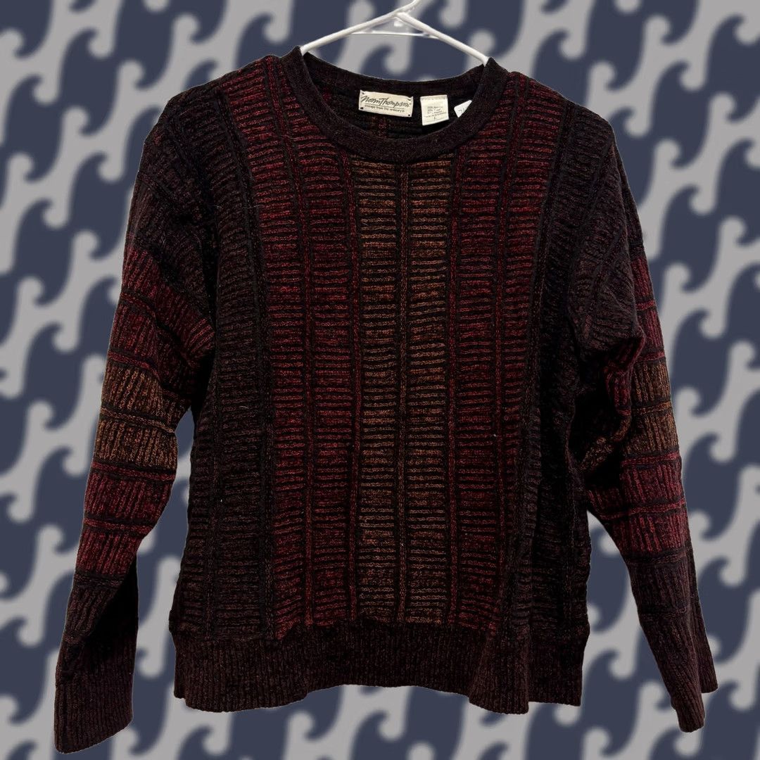 Jim Thompson Norm Thompson Sweater Striped Crewneck Burgundy Rust Black Large Size L / US 10 / IT 46 - 1 Thumbnail