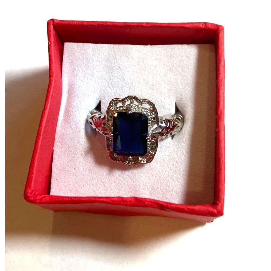 Other Silver tone Ring W/Rectangular Tested Sapphire Stone & Cryst Size ONE SIZE - 1 Thumbnail