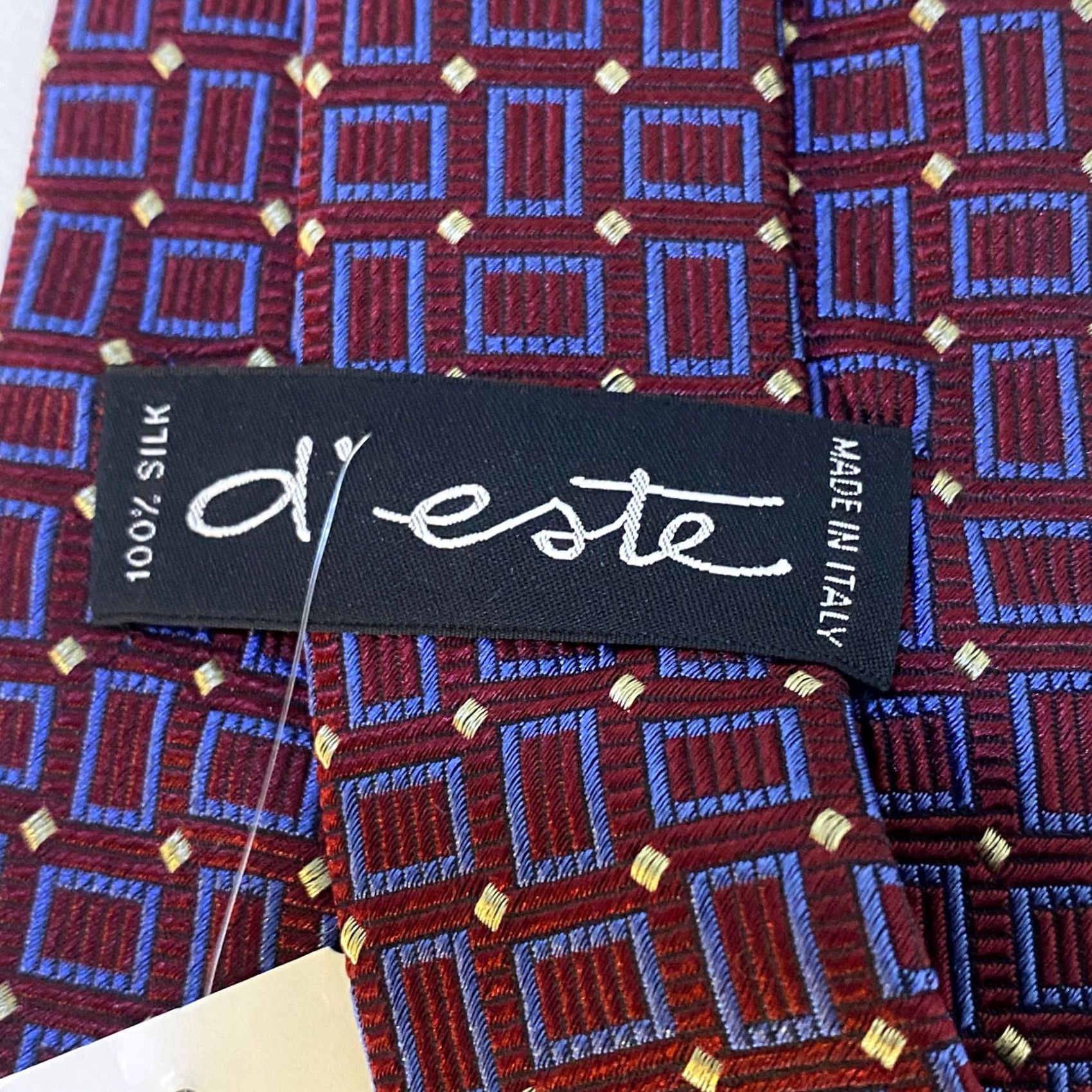 Vintage D'Este Mens Tie Red and Blue Geometric Pattern Silk 100% Silk Tie NEW Ships Next Business Day Size ONE SIZE - 5 Thumbnail