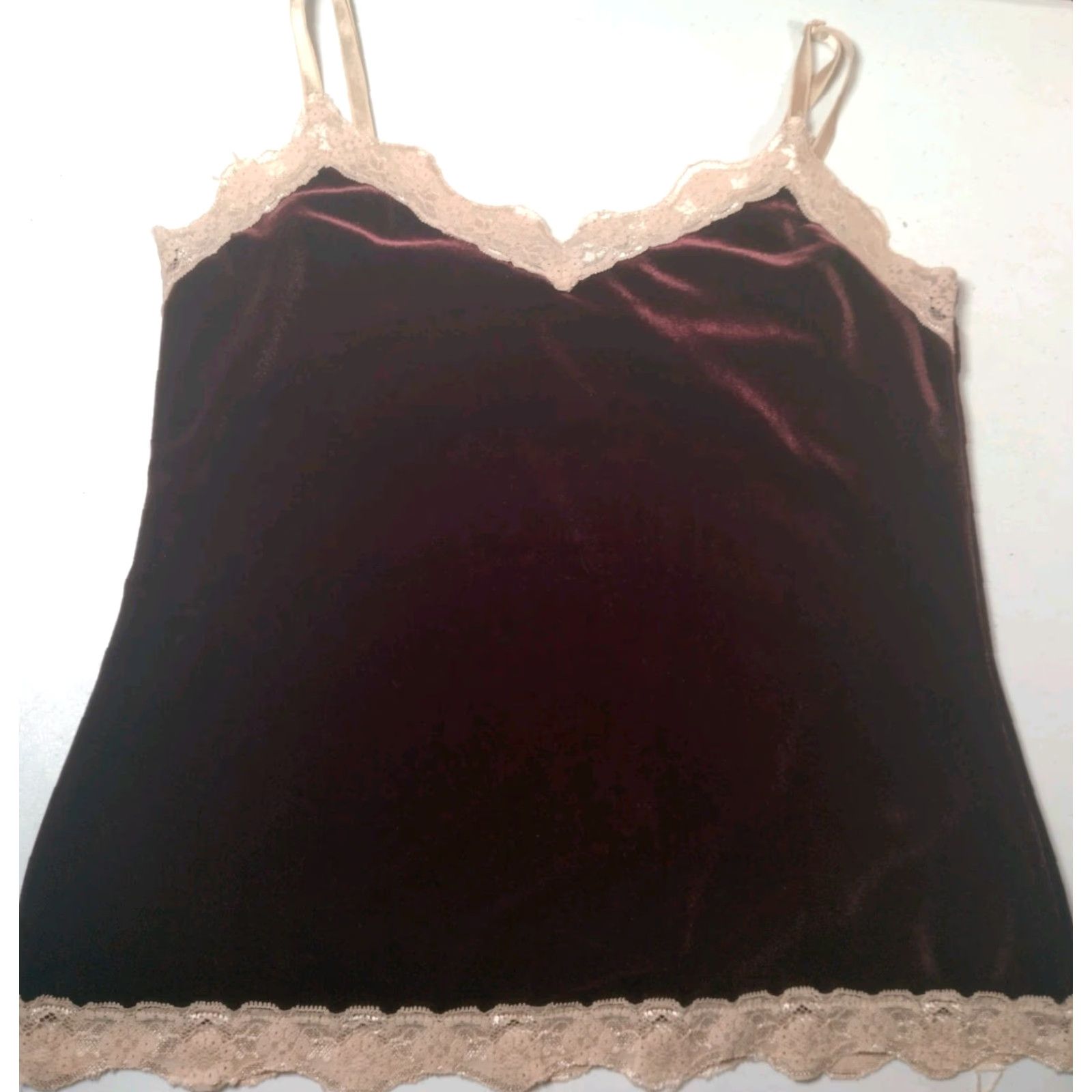 Vintage VINTAGE New York & Company Intimates Tank Top Camisole Y2K Lace Trim Burgundy Tan L Juniors Women Size L / US 10 / IT 46 - 6 Thumbnail