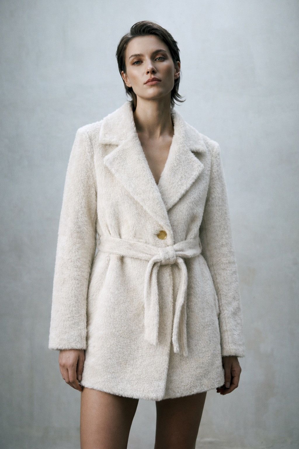 Other Luxe Belted Teddy Coat Ivory Faux Fur Double-Breasted Jacket Size ONE SIZE - 1 Thumbnail
