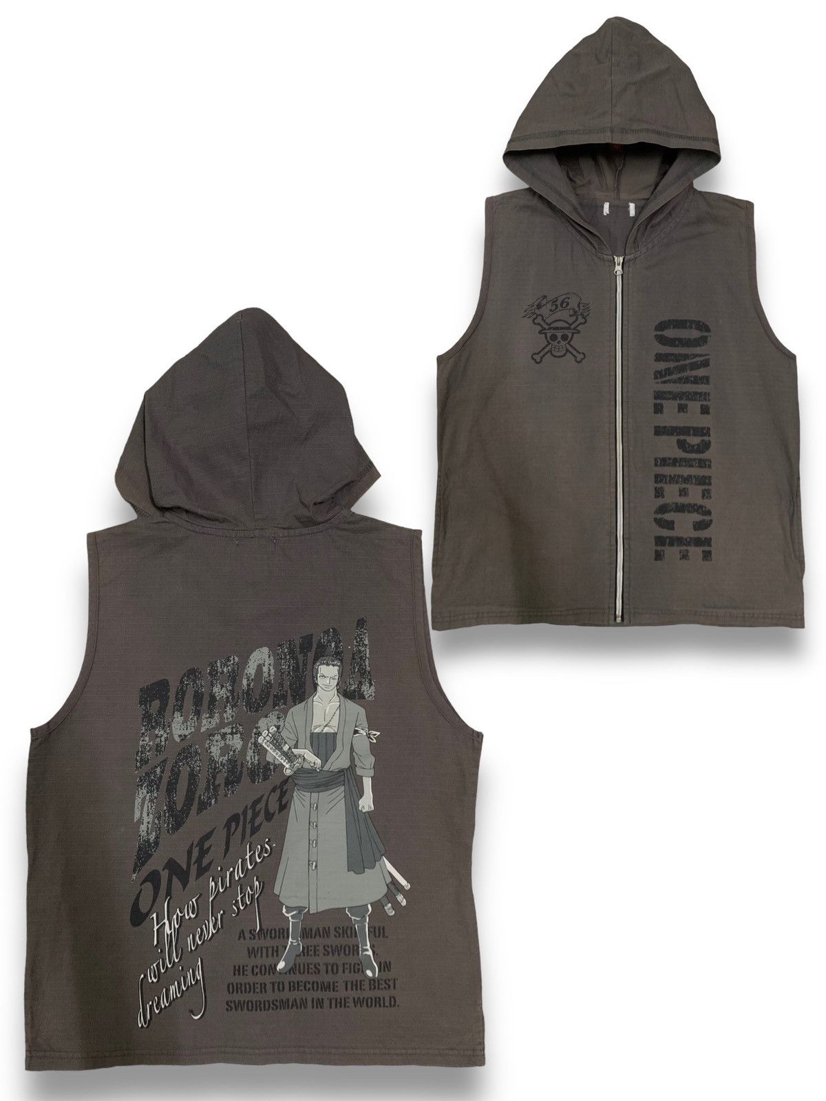 image of One Piece Spell Out “Roronoa Zoro” Graphic Hooded Vest in Grey, Men's (Size Small)