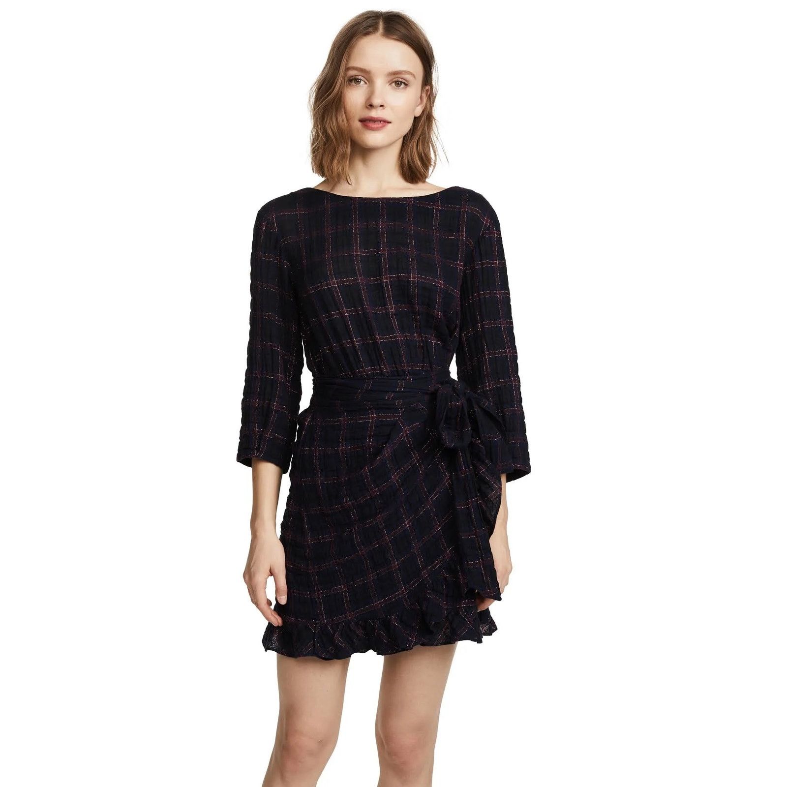 Rebecca Taylor REBECCA TAYLOR | Dark Blue Metallic Plaid Wrap Mini Dress Size M / US 6-8 / IT 42-44 - 8 Thumbnail
