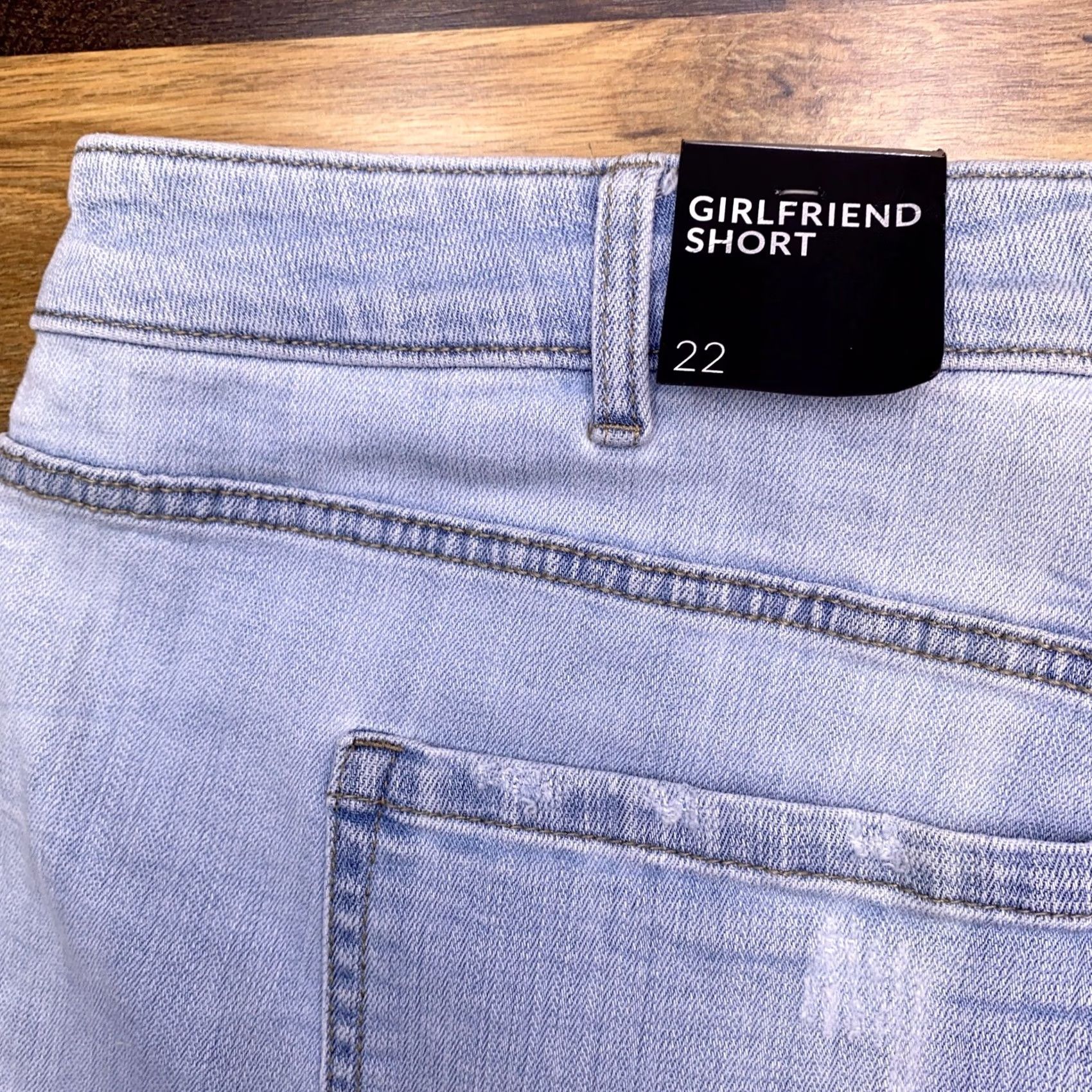 Vintage Lane Bryant Girlfriend Short 22 Blue Cut Off Light Wash Denim 5-Pocket Logo Distressed Plus Womens Clothing Size 22 Jeans Modern blue Size 40" / US 18 - 7 Thumbnail