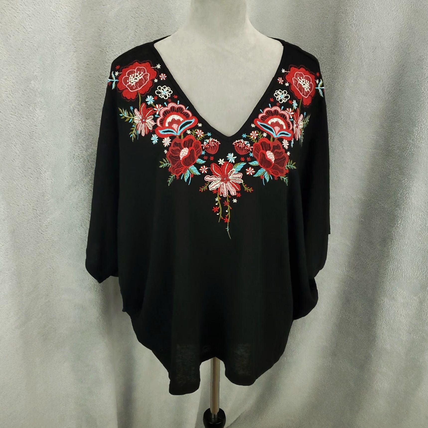 Vintage Savanna Jane Boho Top Womens Black Embroidered Flowers Sheer Dolman Oversized S Shirt Blouse Size S / US 4 / IT 40 - 2 Thumbnail