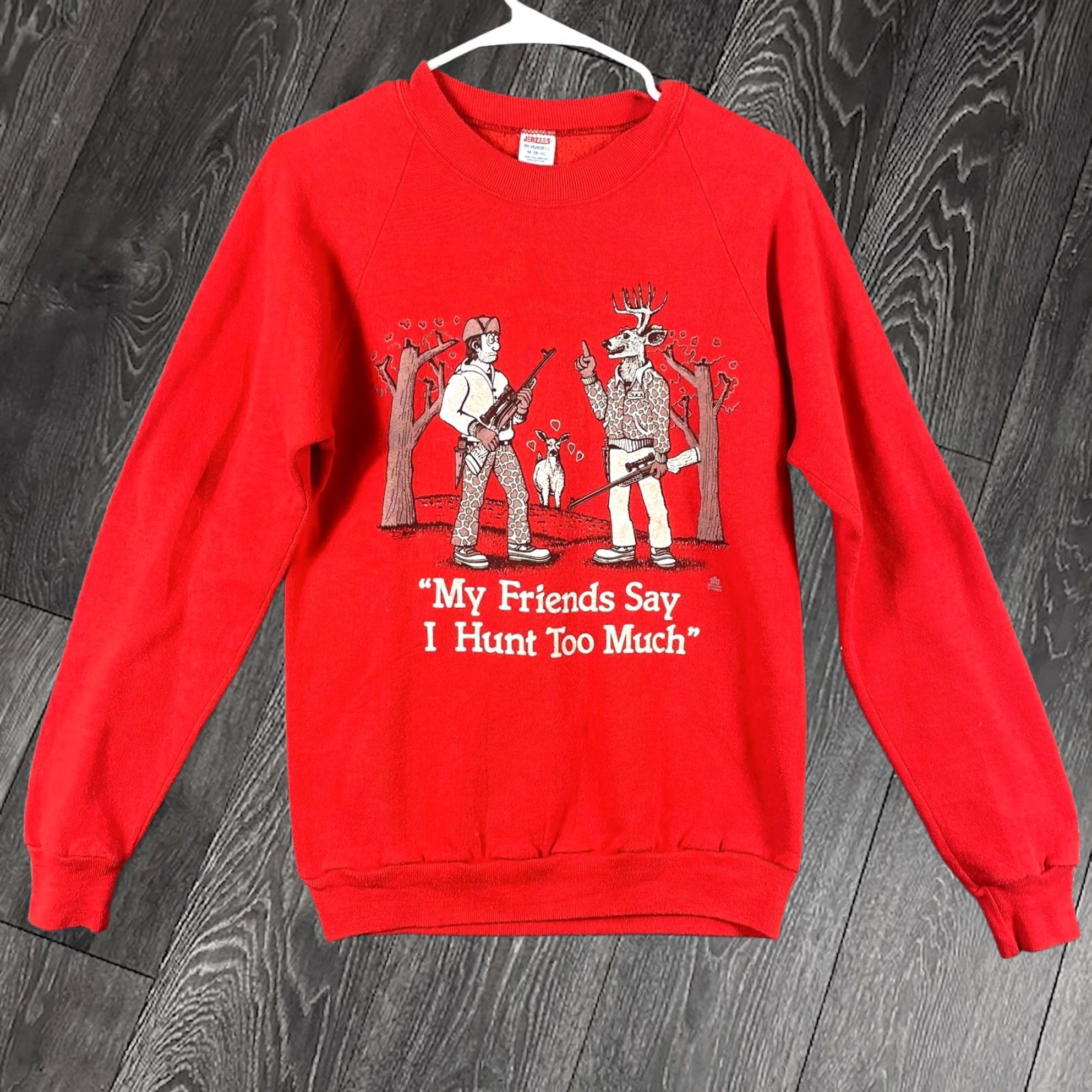 Vintage Jerzees Sweatshirt Mens M Slim Red Crewneck Hunting Funny 90s Usa Dad Joke, Men's