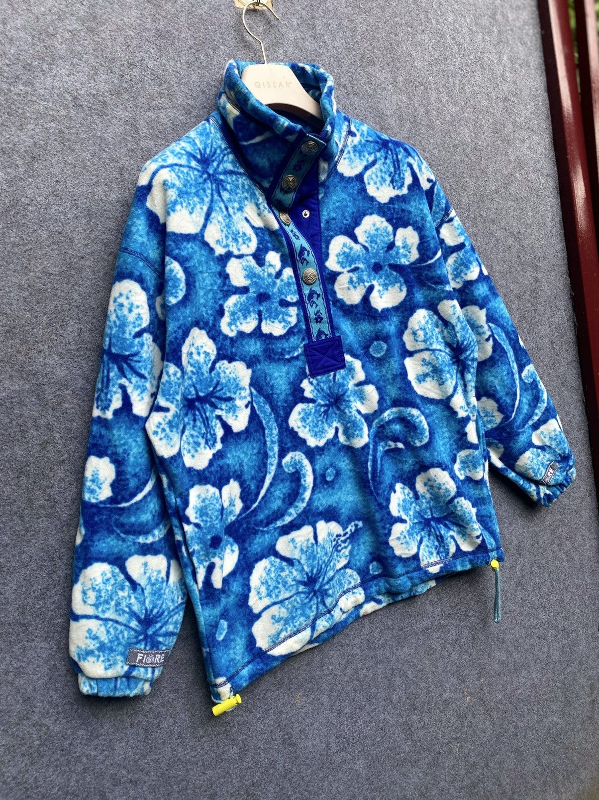 Vintage JOJO FIORE Blue Hibiscus Pattern Fleece Quarter-Snap Pullove Size US S / EU 44-46 / 1 - 3 Thumbnail