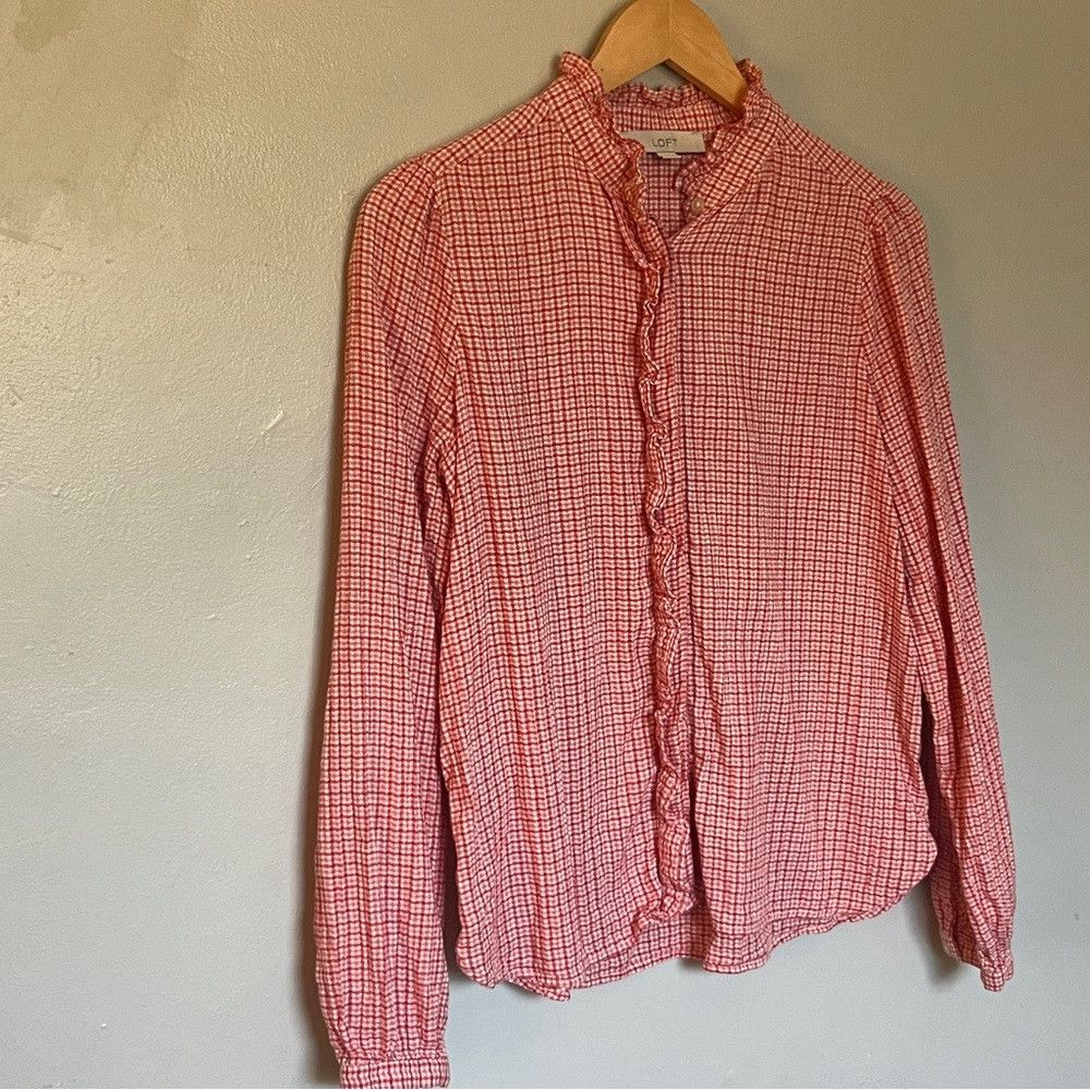 Loft Loft Petite Plaid Ruffle Shirt Red White Small Size S / US 4 / IT 40 - 3 Thumbnail