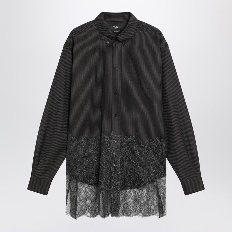Fendi Fendi Espresso Pinstriped Wool Shirt With Lace Size US M / EU 48-50 / 2 - 1 Thumbnail