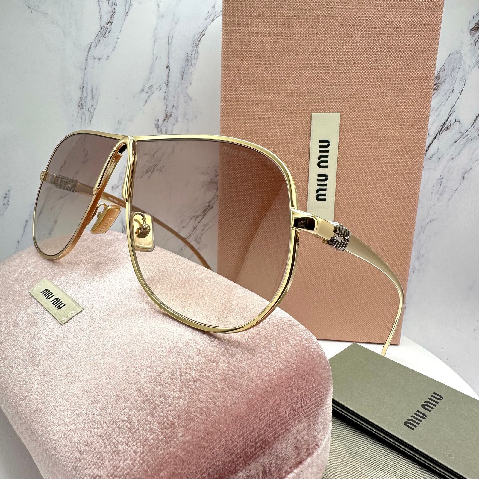 Miu Miu New MIU MIU Sunglasses Gold Brown Gradient Metal Aviator Size ONE SIZE - 4 Thumbnail