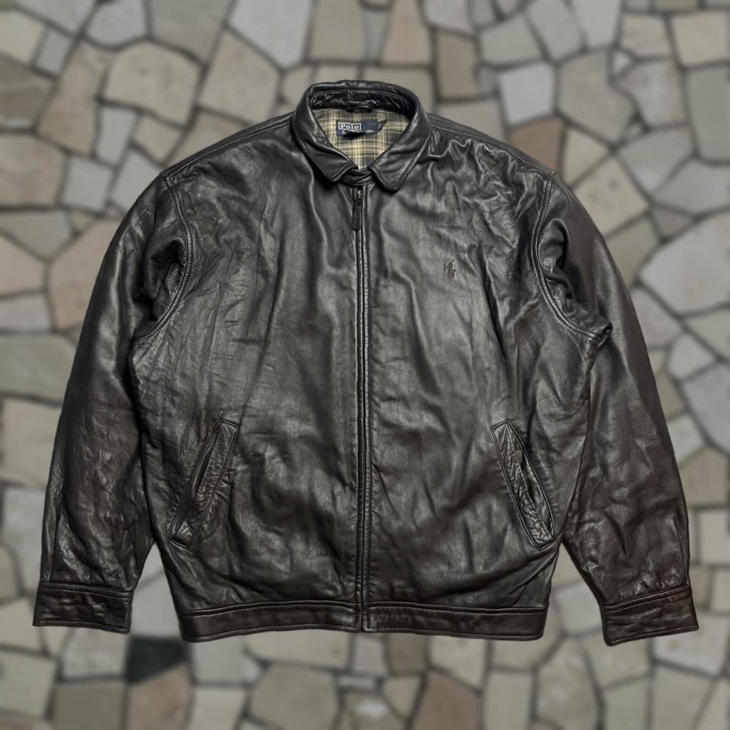 VINTAGE Polo Ralph Lauren Jacket Leather Bomber Full Zip Lined Brown Large Men