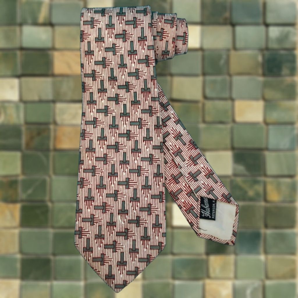 Haband VTG Men's 1950s Green Brown & White Geometric Pattern Necktie 50s Tie Size ONE SIZE - 1 Thumbnail