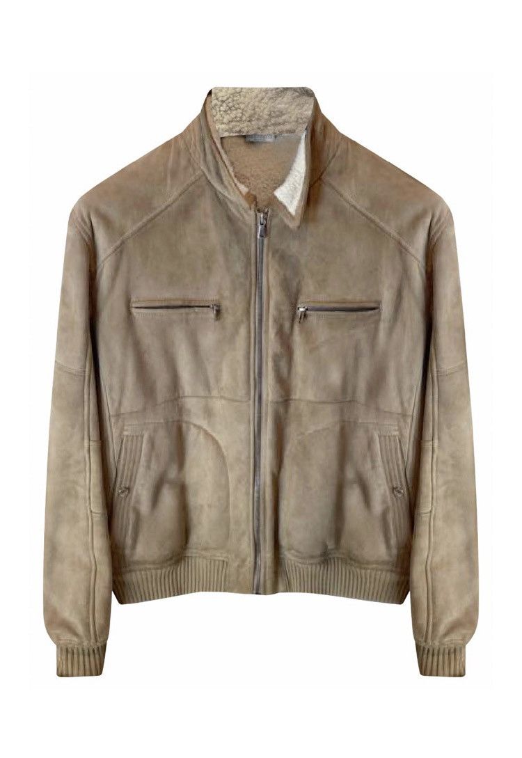 image of Brunello Cucinelli Leather Biker Pocket Detail Fur Jacket in Beige, Men's (Size 2XL)