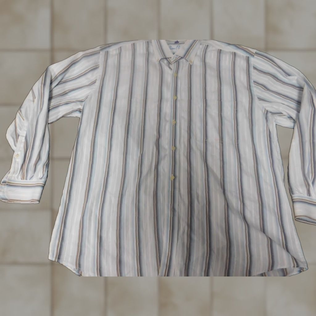 Vintage Alan Flusser Mens Shirt L White Striped Button-Down Long Sleeve Collared Cotton Knit Button-Up Pocket Vintage No Size US L / EU 52-54 / 3 - 1 Thumbnail