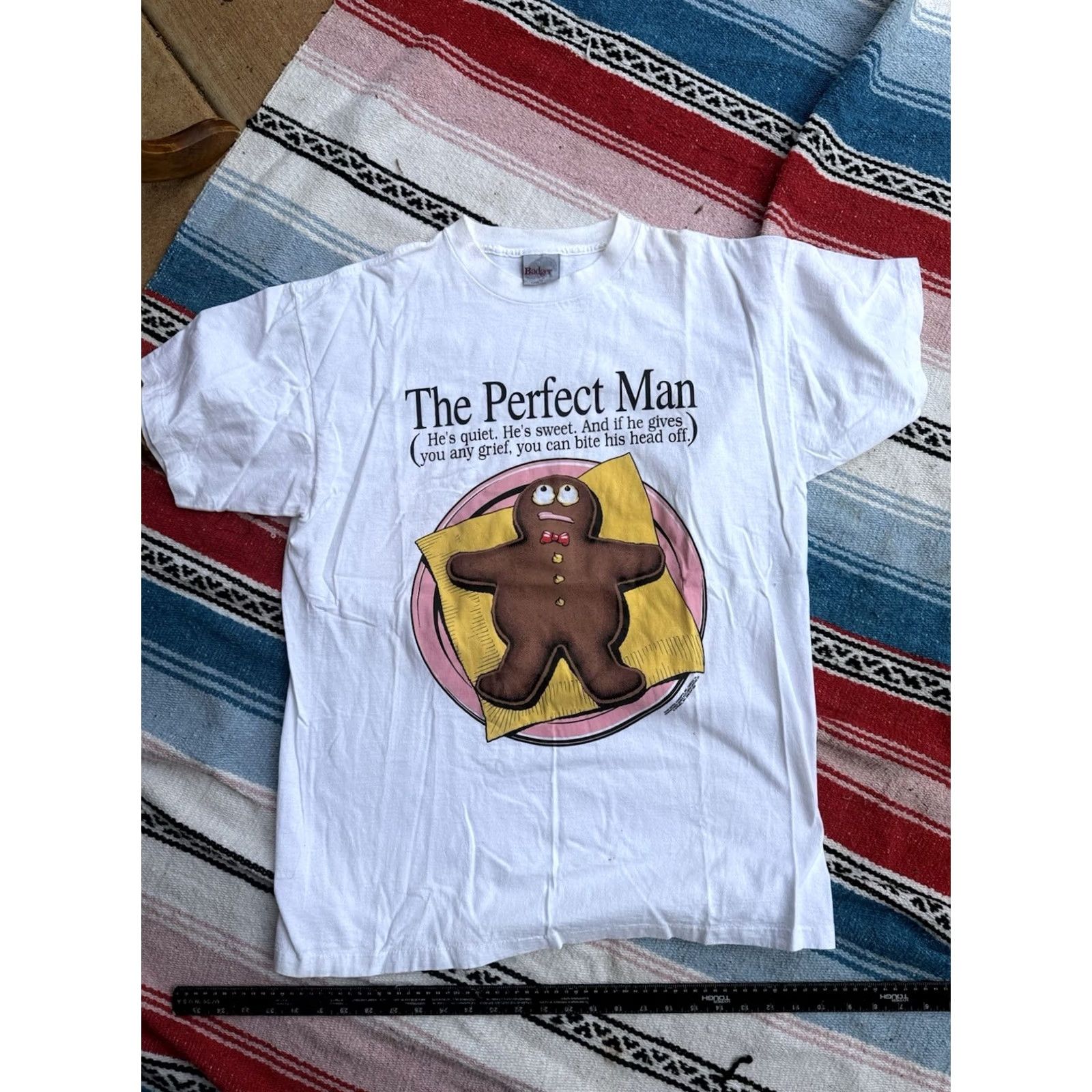 Vintage VINTAGE 1990s Gingerbread Man "The Perfect Man" Funny Humor Tee XL USA Badger Shirt Unisex White Graphic Tee 1990s Badger Sportswear Size US XL / EU 56 / 4 - 2 Thumbnail