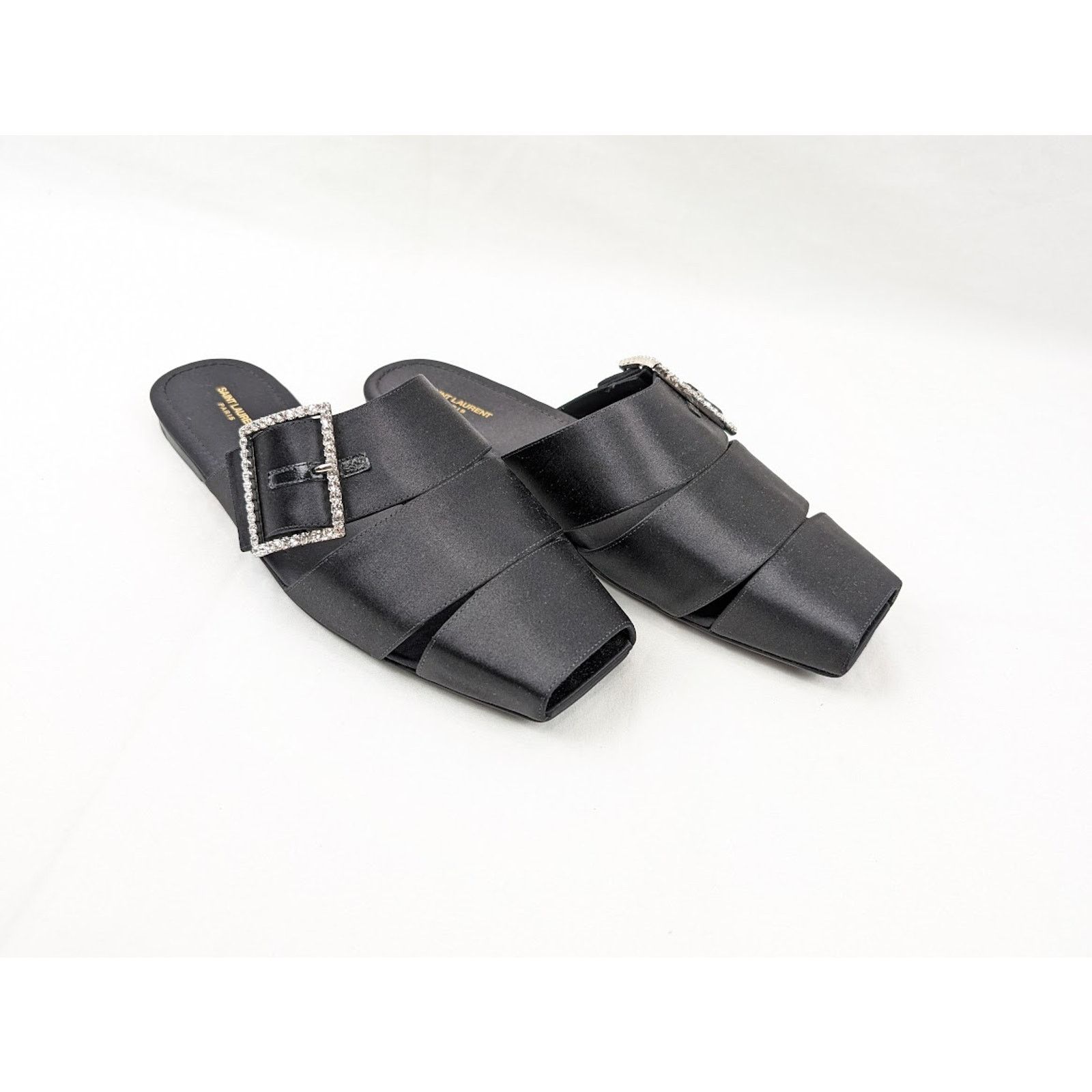 Saint Laurent Paris o1rshd1 Jacques Slide Strass Crepe Satin Sandal in Nero Size US 10.5 / EU 43-44 - 1 Thumbnail