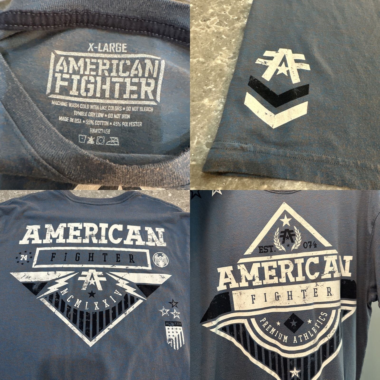 Vintage American Fighter Buckle Mens Tee Shirt XL Blue MMA UFC Distressed Look Shirt Mens XL Blue Graphic Print 90s? Size US XL / EU 56 / 4 - 8 Thumbnail