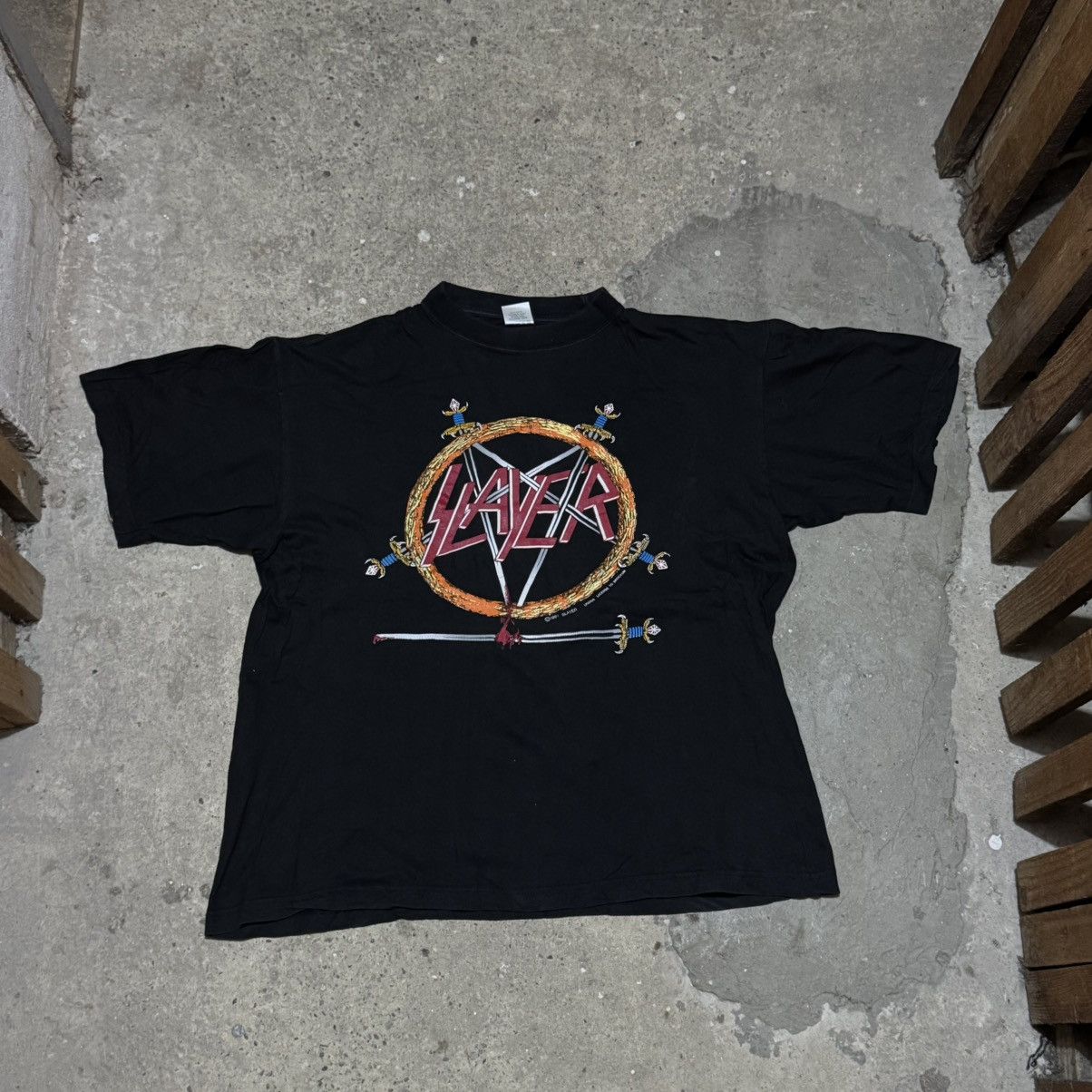 Band Tees × Vintage Vintage 90s Slayer „hell awaits“ t-shirt 1991 Size US XL / EU 56 / 4 - 1 Thumbnail