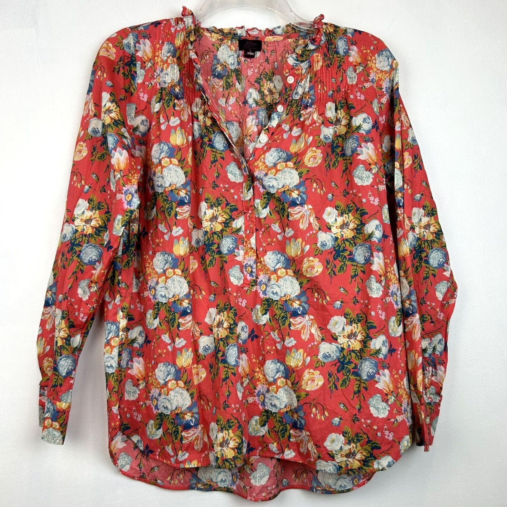 J.Crew J.CREW Blouse Shirt Womens 4 Regular Orange Boho Peasant Long Sleeve Button Mock Neck Lightweight Cotton Vintage No Size S / US 4 / IT 40 - 2 Thumbnail