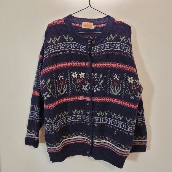 Conte of Florence Conte Of Florence Navy Pink Floral 100% Wool `Cardigan - L Size L / US 10 / IT 46 - 1 Thumbnail