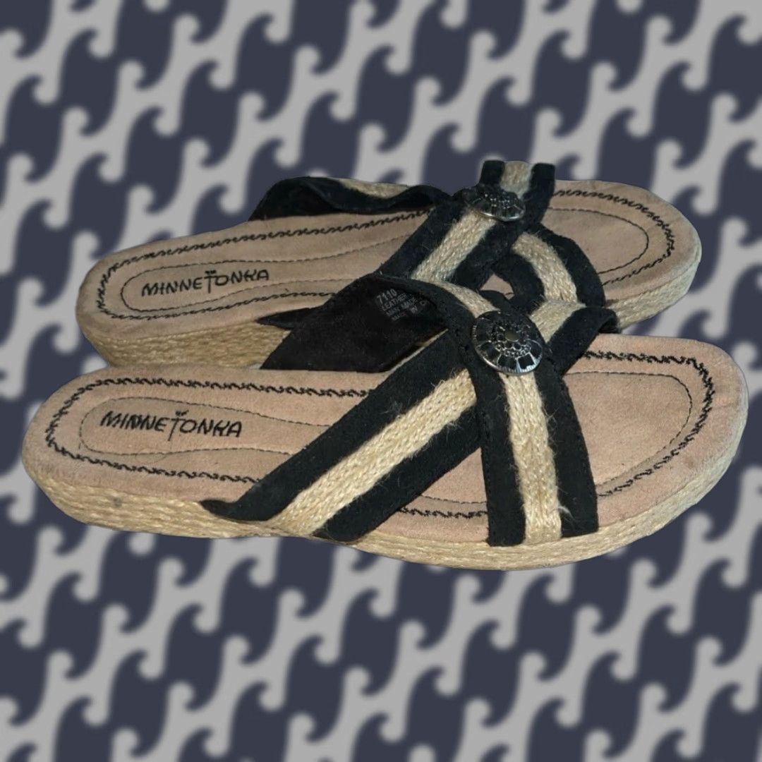 Minnetonka Minnetonka Sandal Women's Espadrille Leather Upper Black Tan Size 7 Flat Criss Cross Comfort Footwear Size US 7 / IT 37 - 1 Thumbnail
