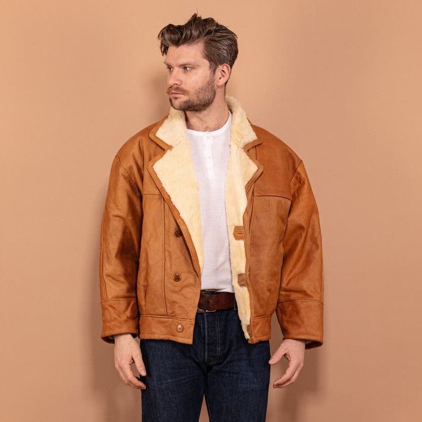 image of Vintage 80's Men Sheepskin Coat In Caramel Brown (Size Medium)