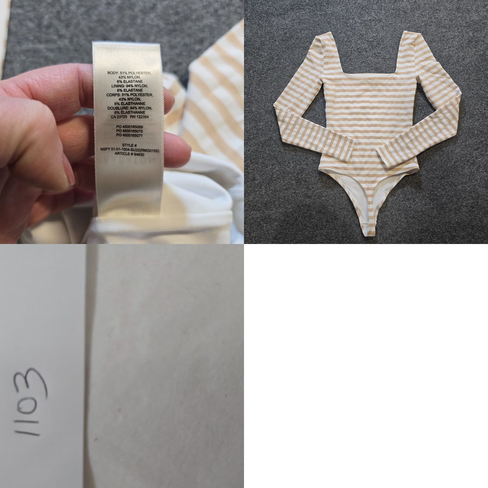 Aritzia Aritzia Babaton Bodysuit Womens XS Beige White Striped Long Sleeve Square Neck Casual Shirt Size XS / US 0-2 / IT 36-38 - 8 Thumbnail