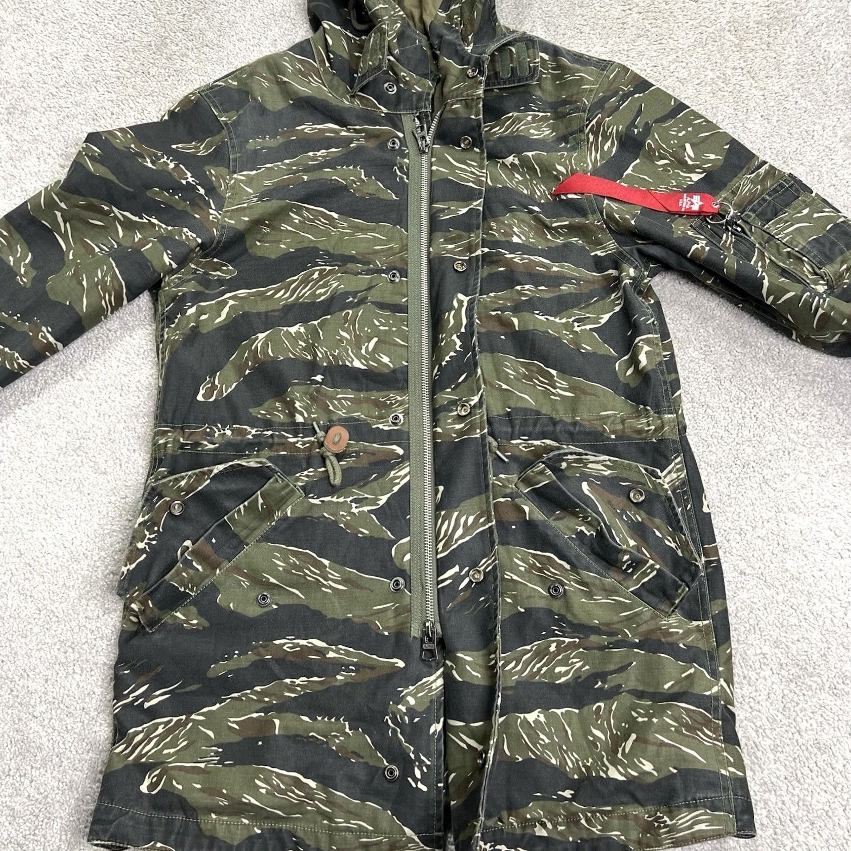 Alpha Industries VINTAGE? No — Alpha Industries Jacket Mens Small Camo Hooded Field Coat Tiger Stripe Zip Green Jacket Size US S / EU 44-46 / 1 - 6 Thumbnail