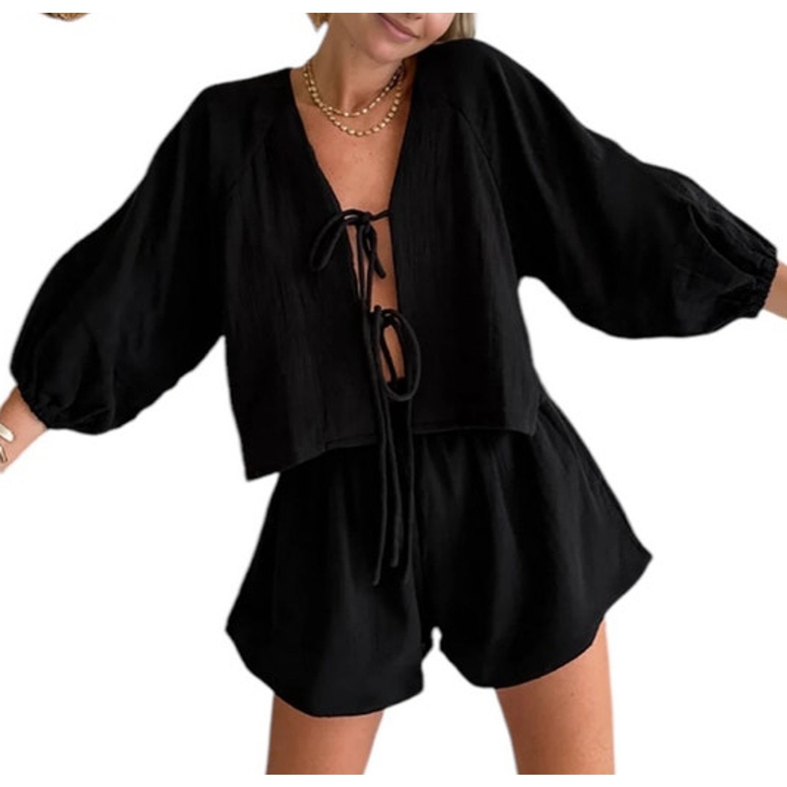 Other Commense Women Black Cotton Tie-Front Long Sleeve Shorts Set Size 26" / US 2 / IT 38 - 2 Thumbnail