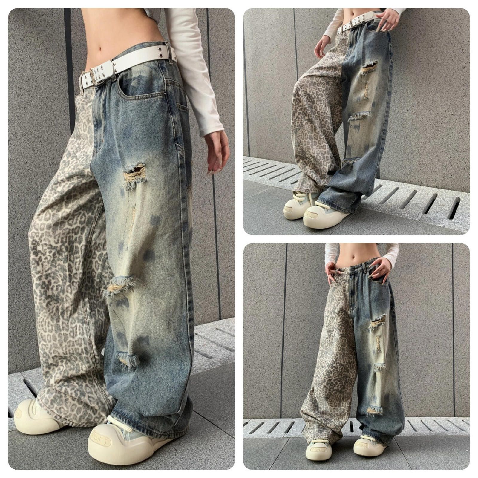 Japanese Brand Two-Tone Distressed Wide Leg Jeans, Leopard Print Denim Size 32" / US 10 / IT 46 - 5 Thumbnail