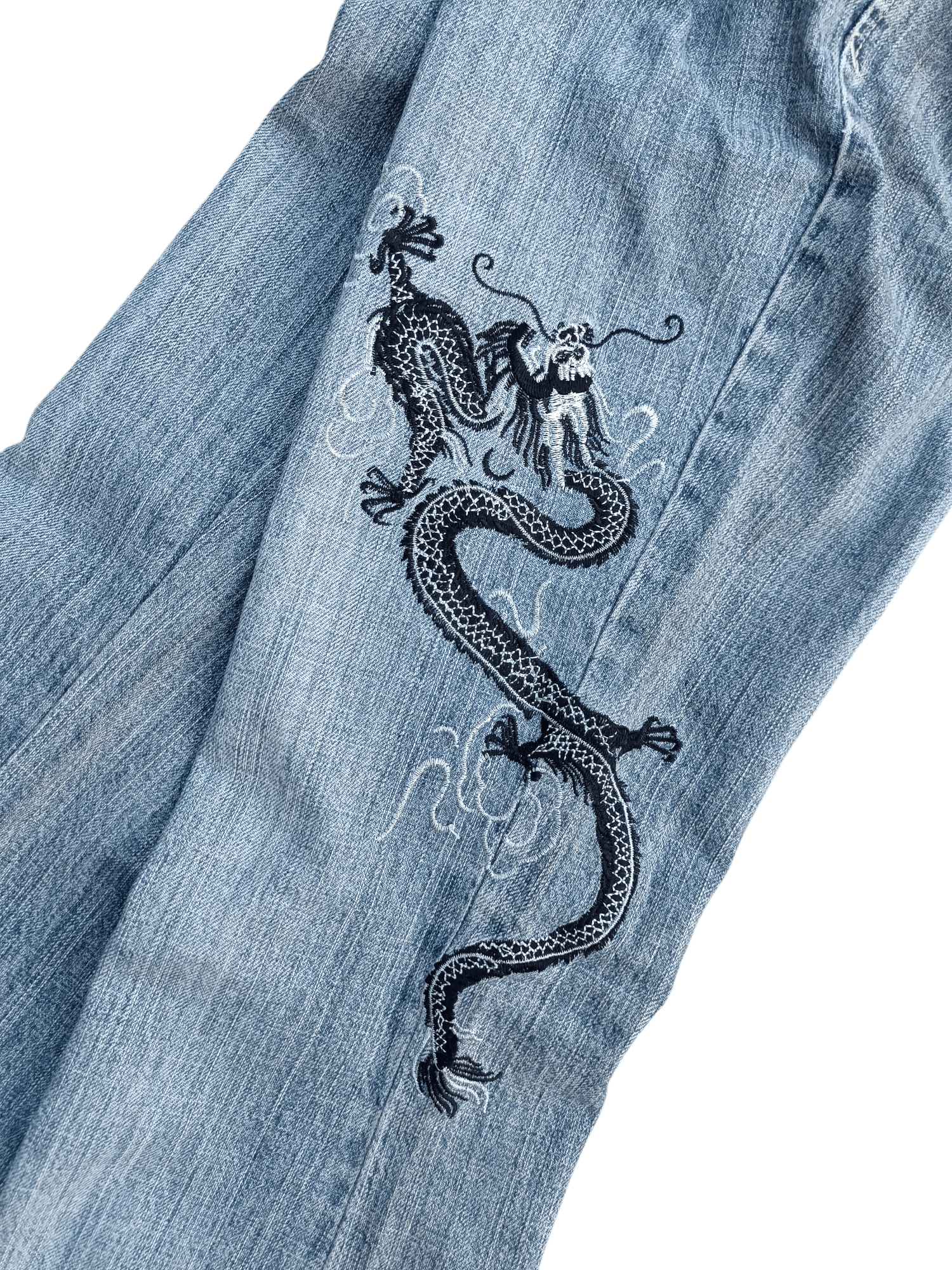 If Six Was Nine × Japanese Brand INSANE Vintage Embroidered Dragon Tribal Flared Denim Jeans Size US 28 / EU 44 - 15 Thumbnail